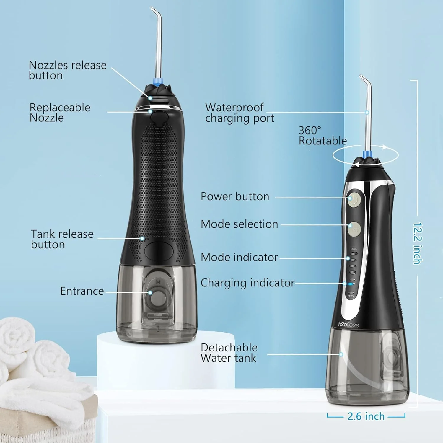 واتر فلاسر دندان، نخ دندان آبی بی‌سیم، مناسب سفر، ضد آب و مجهز به شش نازل برای ارتودنسی و بهداشت دهان و دندان.