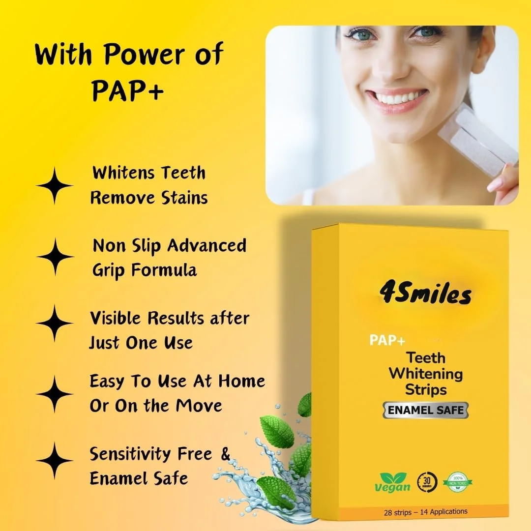 نوارهای سفید کننده دندان 4Smiles | از بین برنده لکه های دندان | با قدرت PAP+ | بدون پراکسید و حساسیت | کیت سفید کننده دندان برای آقایان و بانوان | وگان | 28 نوار (14 بار استفاده) نوارهای سفید کننده دندان 4Smiles | از بین برنده لکه های دندان | با قدرت PAP+ | بدون پراکسید و حساسیت | کیت سفید کننده دندان برای آقایان و بانوان | وگان | 28 نوار (14 بار استفاده)