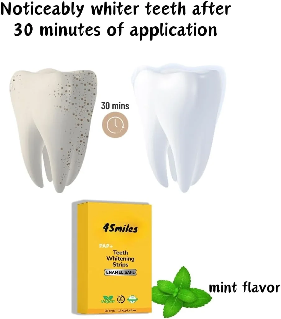 نوارهای سفید کننده دندان 4Smiles | از بین برنده لکه های دندان | با قدرت PAP+ | بدون پراکسید و حساسیت | کیت سفید کننده دندان برای آقایان و بانوان | وگان | 28 نوار (14 بار استفاده) نوارهای سفید کننده دندان 4Smiles | از بین برنده لکه های دندان | با قدرت PAP+ | بدون پراکسید و حساسیت | کیت سفید کننده دندان برای آقایان و بانوان | وگان | 28 نوار (14 بار استفاده)