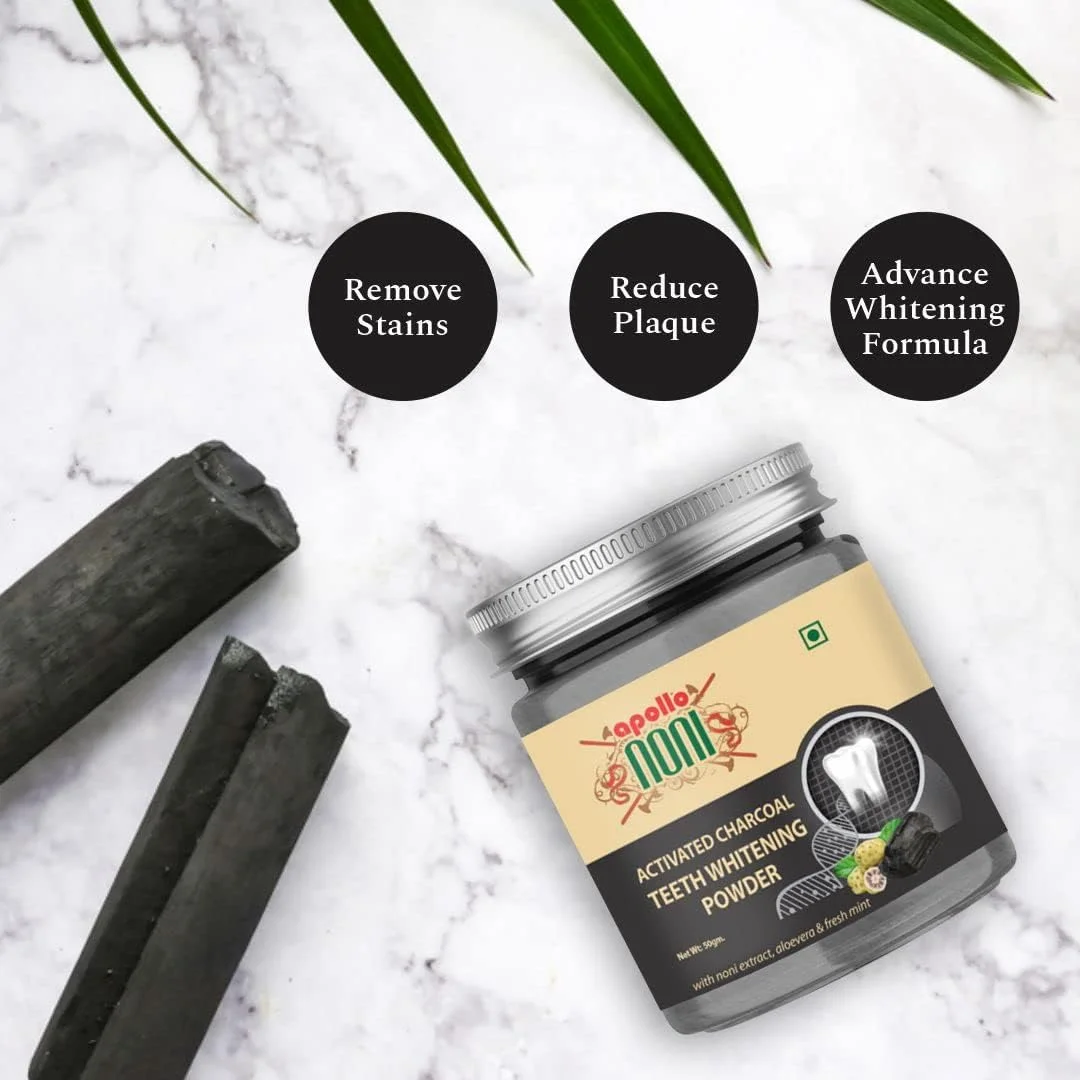 پودر سفید کننده دندان زغالی فعال آپولو نونی | بی خطر برای مینای دندان، از بین برنده لکه ها، احیا کننده لبخند و خوشبو کننده دهان، از بین برنده پلاک برای تازگی ماندگار | 50 گرم پودر سفید کننده دندان زغالی فعال آپولو نونی | بی خطر برای مینای دندان، از بین برنده لکه ها، احیا کننده لبخند و خوشبو کننده دهان، از بین برنده پلاک برای تازگی ماندگار | 50 گرم