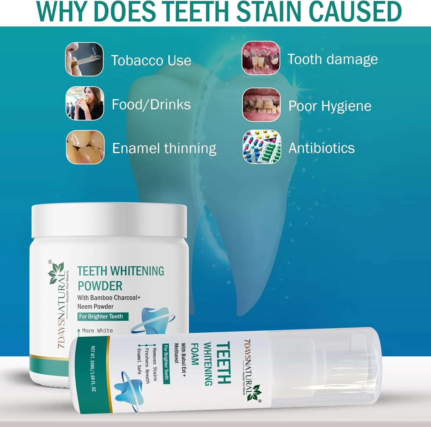 پودر و فوم جادویی سفید کننده دندان 7DAYSNATURAL (نعناع، 50 گرم) بسته 2 عددی