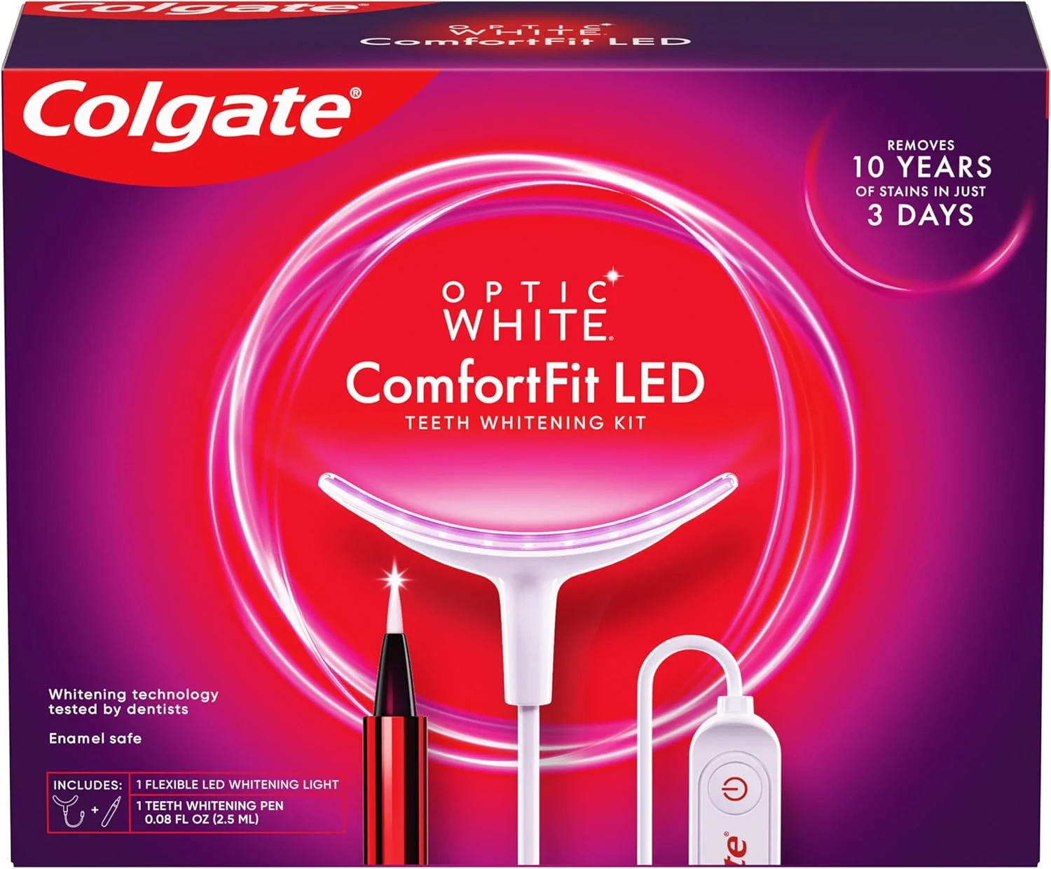 کیت سفید کننده دندان با LED کولگیت Optic White ComfortFit، کیت ژل سفید کننده دندان پراکسید هیدروژن، کمک به از بین بردن لکه های 10 ساله، ایمن برای مینای دندان، شامل قلم سفید کننده و چراغ LED انعطاف پذیر کیت سفید کننده دندان با LED کولگیت Optic White ComfortFit، کیت ژل سفید کننده دندان پراکسید هیدروژن، کمک به از بین بردن لکه های 10 ساله، ایمن برای مینای دندان، شامل قلم سفید کننده و چراغ LED انعطاف پذیر