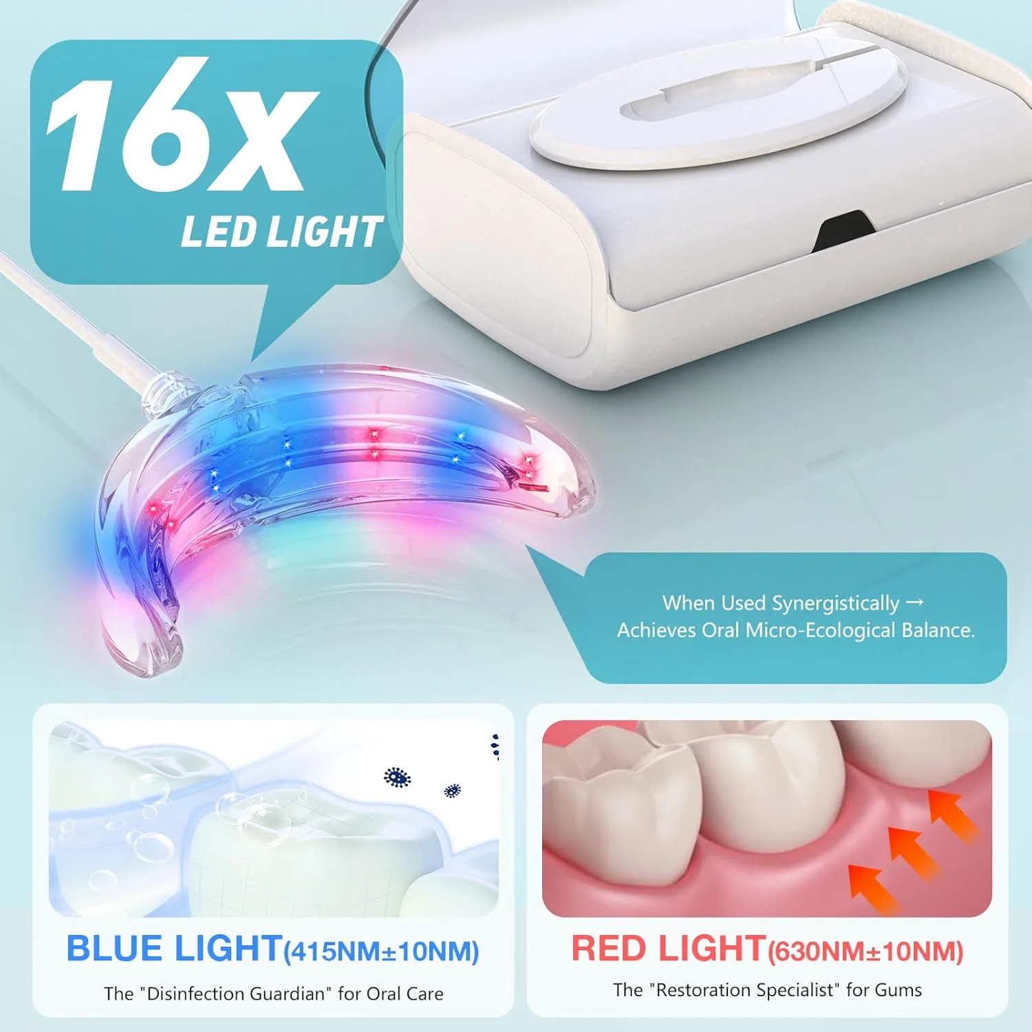 مجموعه سفید کننده دندان های زیبا، مجموعه بلیچینگ حرفه ای دندان لبخند آسان، بسته کامل برای سفید کردن دندان و دندان های سفید، دستگاه دهانی نور قرمز آبی LED 16 تایی، مجموعه سفید کننده دندان با تایمر
