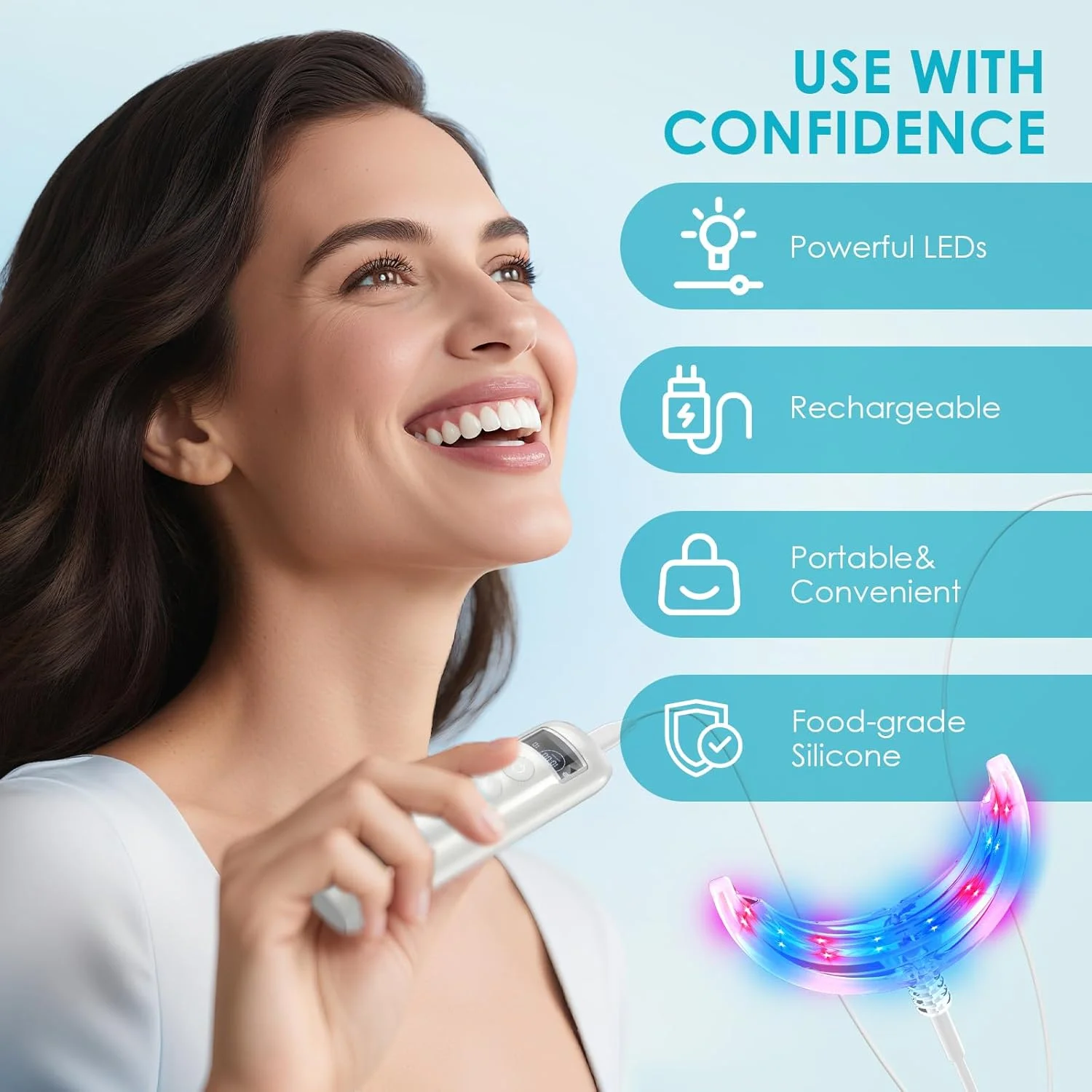 مجموعه سفید کننده دندان های زیبا، مجموعه بلیچینگ حرفه ای دندان لبخند آسان، بسته کامل برای سفید کردن دندان و دندان های سفید، دستگاه دهانی نور قرمز آبی LED 16 تایی، مجموعه سفید کننده دندان با تایمر