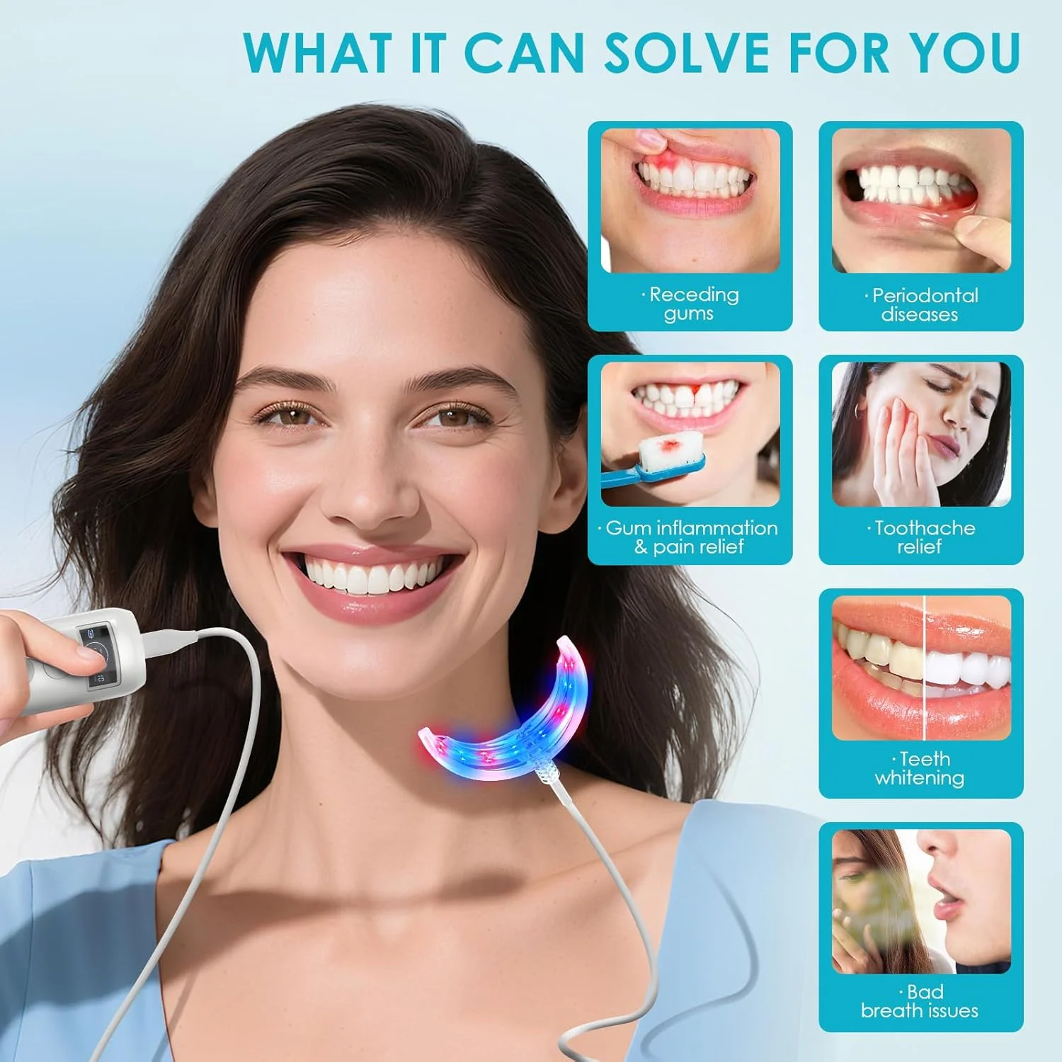 مجموعه سفید کننده دندان های زیبا، مجموعه بلیچینگ حرفه ای دندان لبخند آسان، بسته کامل برای سفید کردن دندان و دندان های سفید، دستگاه دهانی نور قرمز آبی LED 16 تایی، مجموعه سفید کننده دندان با تایمر
