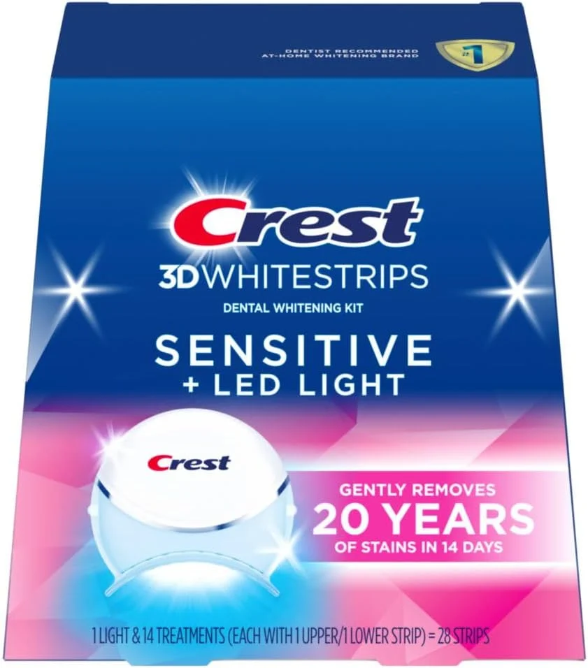 کیت سفید کننده دندان کرست 3DWhitestrips مدل Sensitive & Gentle + نور LED – شامل 1 چراغ + 14 دوره درمان، هر دوره شامل 1 نوار بالا/1 نوار پایین، 28 نوار – نوارهای سفید کننده دندان کرست 3DWhite
