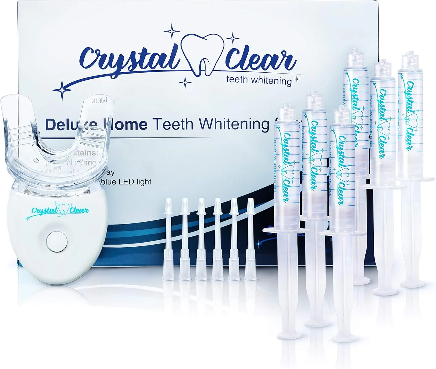 کیت سفید کننده دندان کریستالی، مورد تایید دندانپزشکان ایالات متحده آمریکا، ژل سفید کننده دندان با نور LED، 30 میلی لیتر ژل و تری