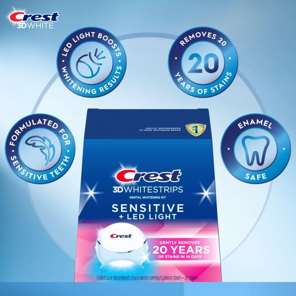 کیت سفید کننده دندان کرست 3DWhitestrips مدل Sensitive & Gentle + نور LED – شامل 1 چراغ + 14 دوره درمان، هر دوره شامل 1 نوار بالا/1 نوار پایین، 28 نوار – نوارهای سفید کننده دندان کرست 3DWhite کیت سفید کننده دندان کرست 3DWhitestrips مدل Sensitive & Gentle + نور LED – شامل 1 چراغ + 14 دوره درمان، هر دوره شامل 1 نوار بالا/1 نوار پایین، 28 نوار – نوارهای سفید کننده دندان کرست 3DWhite