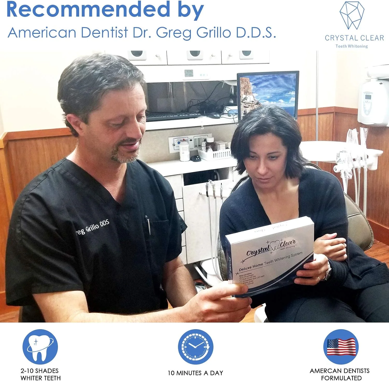 کیت سفید کننده دندان کریستالی، مورد تایید دندانپزشکان ایالات متحده آمریکا، ژل سفید کننده دندان با نور LED، 30 میلی لیتر ژل و تری