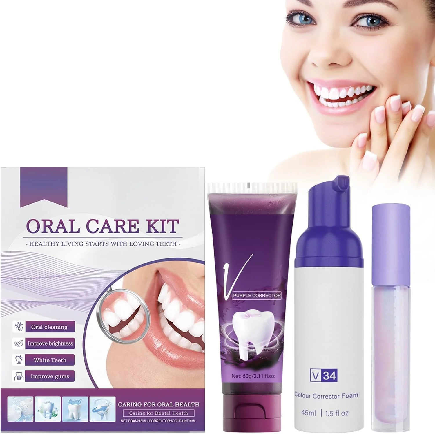 کیت مراقبت از دندان شامل فوم تمیز کننده دندان، خمیر دندان و قلم سفید کننده دندان، تمیز کننده ملایم دندان، سفید کننده دندان و خوشبو کننده دهان
