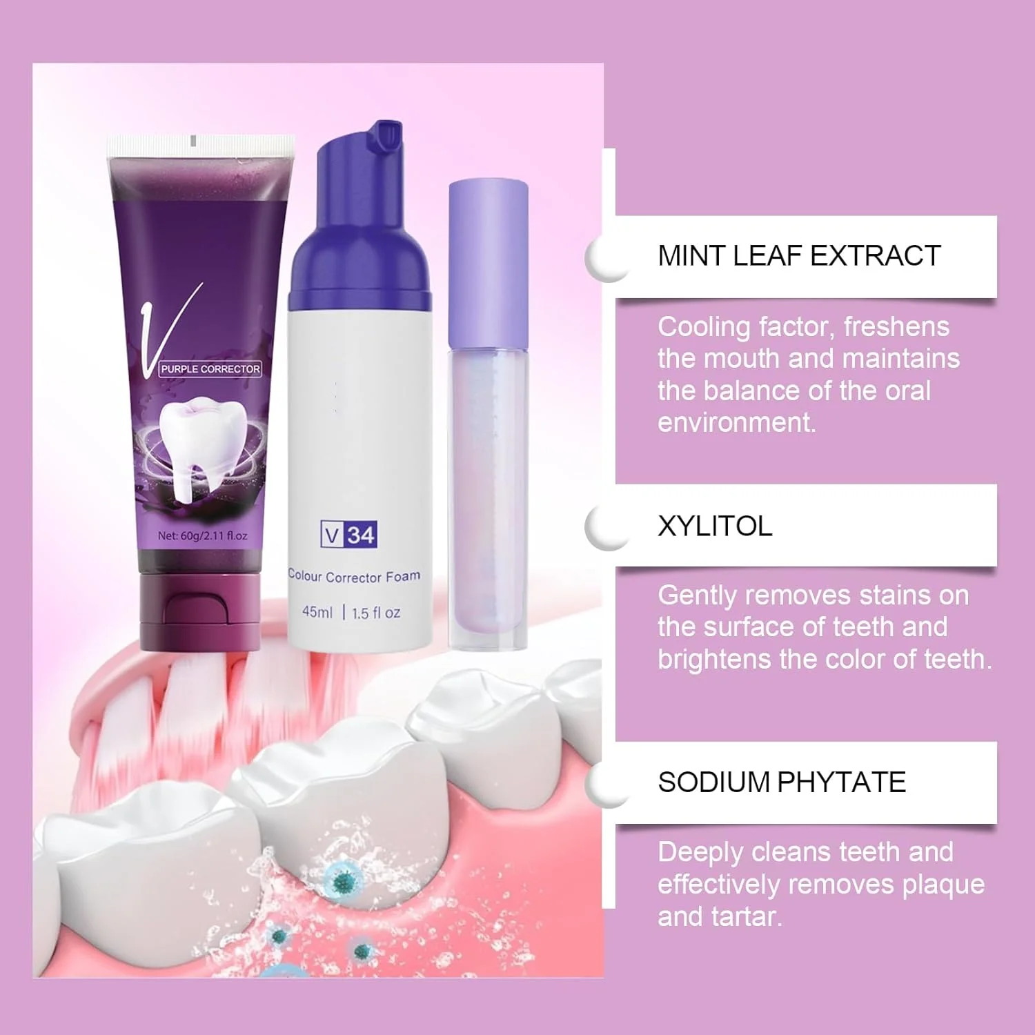 کیت مراقبت از دندان شامل فوم تمیز کننده دندان، خمیر دندان و قلم سفید کننده دندان، تمیز کننده ملایم دندان، سفید کننده دندان و خوشبو کننده دهان