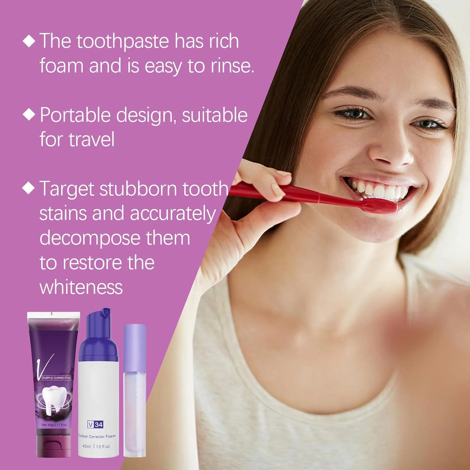 کیت مراقبت از دندان شامل فوم تمیز کننده دندان، خمیر دندان و قلم سفید کننده دندان، تمیز کننده ملایم دندان، سفید کننده دندان و خوشبو کننده دهان