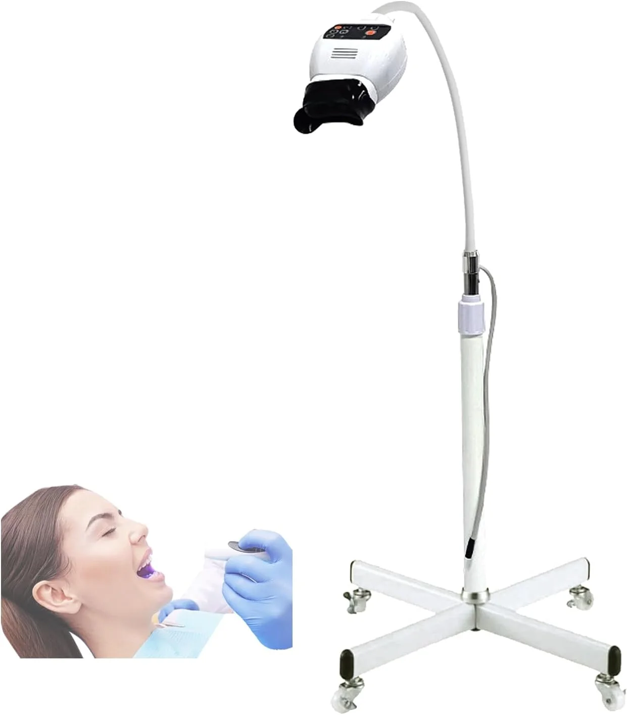 دستگاه سفید کننده دندان موبایل، حالت های نور 3 رنگ، 300 وات با 8 چراغ LED، تایمر 0-30 دقیقه، شدت نور دوگانه، گردن غازی قابل تنظیم و پایه تلسکوپی، مناسب برای بیمارستان، خانه