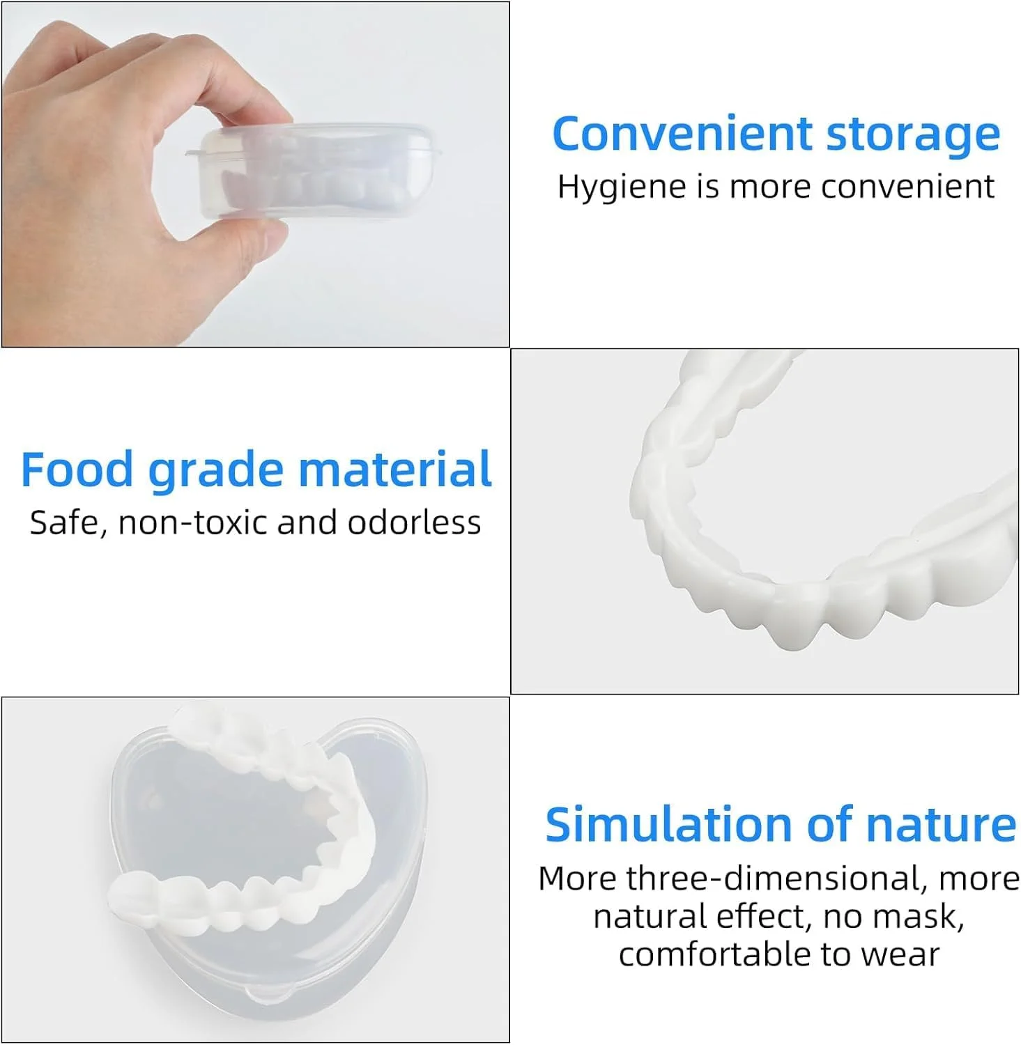 یک جفت دندان مصنوعی فوری، روکش دندان مصنوعی گیره ای، مجموعه دندان موقت آرایشی سفید کننده دندان با جعبه، روکش دندان بالا و پایین برای زنان و مردان برای بازیابی لبخند مطمئن