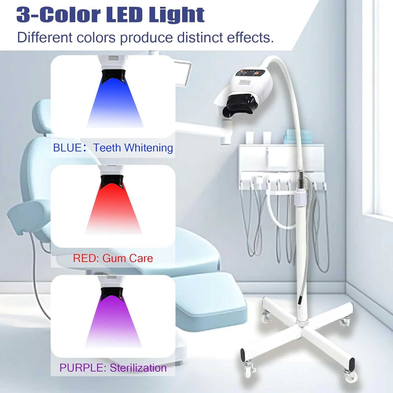 دستگاه سفید کننده دندان موبایل، حالت های نور 3 رنگ، 300 وات با 8 چراغ LED، تایمر 0-30 دقیقه، شدت نور دوگانه، گردن غازی قابل تنظیم و پایه تلسکوپی، مناسب برای بیمارستان، خانه