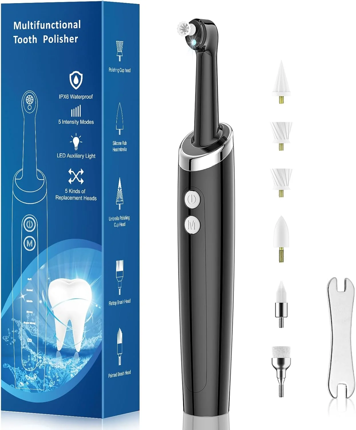 دستگاه پولیش دندان هانگسان، از بین برنده پلاک برای سفید کردن دندان، پاک کننده دندان برای تمیز کردن دندان و از بین بردن پلاک، از بین برنده لکه های زرد دندان با 5 سری برس، مشکی
