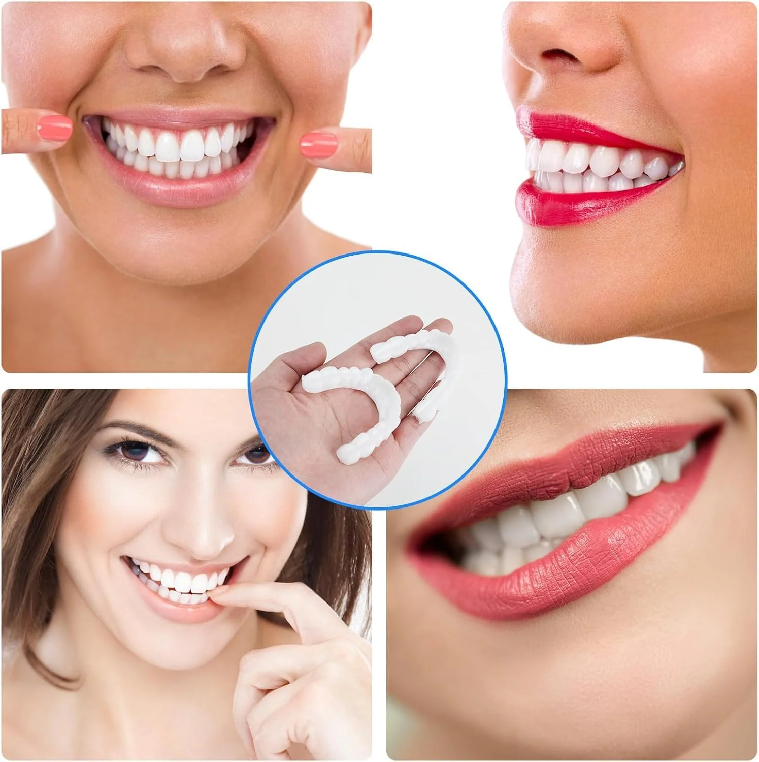 یک جفت دندان مصنوعی فوری، روکش دندان مصنوعی گیره ای، مجموعه دندان موقت آرایشی سفید کننده دندان با جعبه، روکش دندان بالا و پایین برای زنان و مردان برای بازیابی لبخند مطمئن
