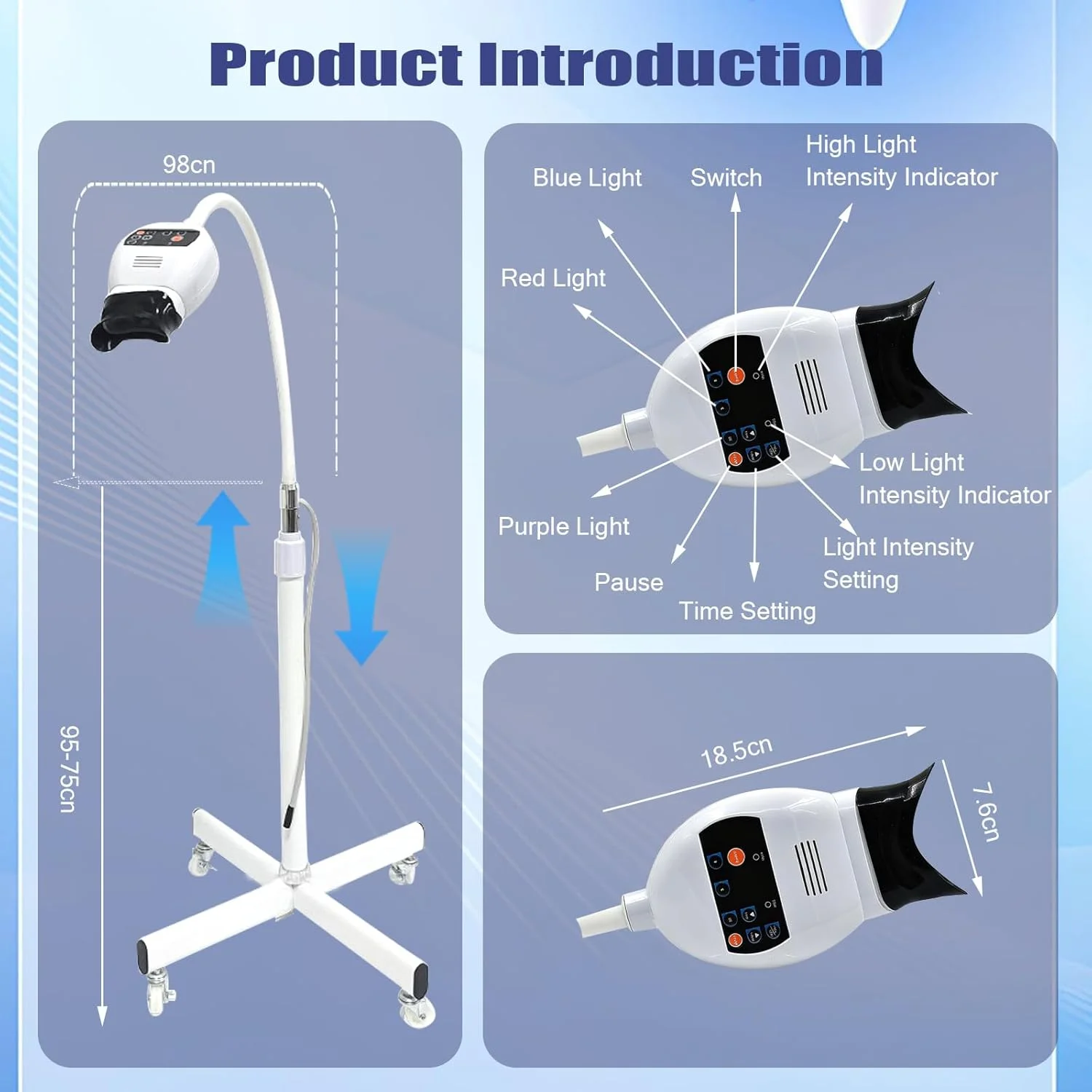 دستگاه سفید کننده دندان موبایل، حالت های نور 3 رنگ، 300 وات با 8 چراغ LED، تایمر 0-30 دقیقه، شدت نور دوگانه، گردن غازی قابل تنظیم و پایه تلسکوپی، مناسب برای بیمارستان، خانه
