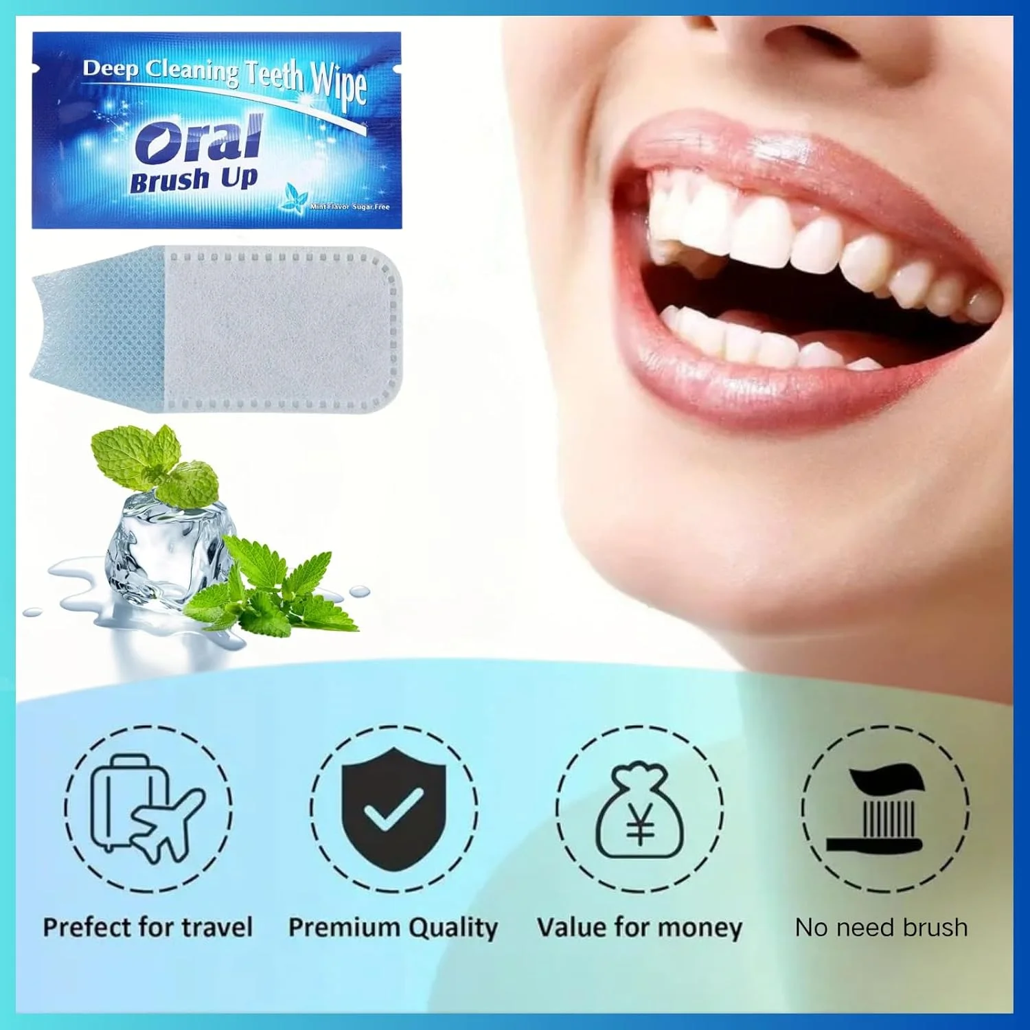 ۵۰ عدد دستمال انگشتی یکبار مصرف برای تمیز کردن دهان، ابزار پاک کننده سریع لکه های دندان، مسواک یکبار مصرف قابل حمل و نوار سفید کننده دندان، دستمال نرم و ملایم غیر حساس برای انواع دندان