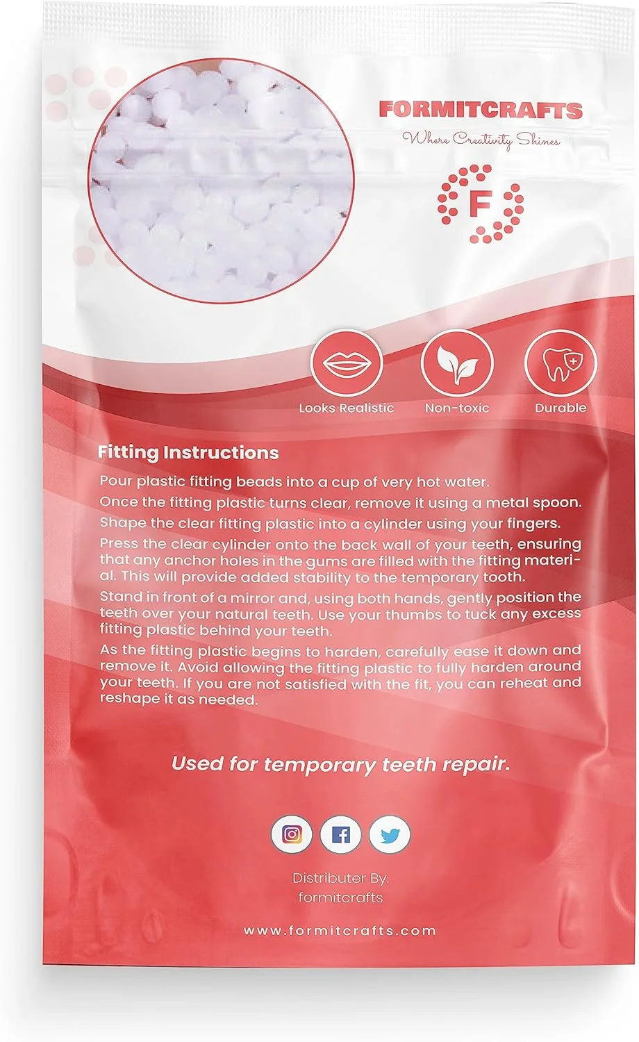 مهره های ترموپلاستیک Formit Crafts برای ترمیم دندان (105 گرم) مهره های حرارتی قالب پذیر برای ترمیم دندان - دندان های ترک خورده - واقعی و بادوام