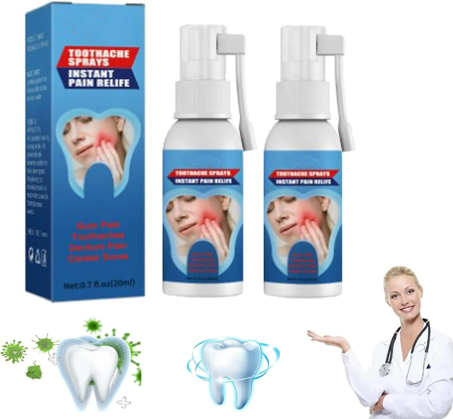 اسپری دندان برای تسکین سریع درد، درمان فوری دندان درد، ترمیم بافت لثه، خوشبو کننده دهان و بهبود سلامت دهان، اسپری تسکین فوری دندان درد (2 عدد)