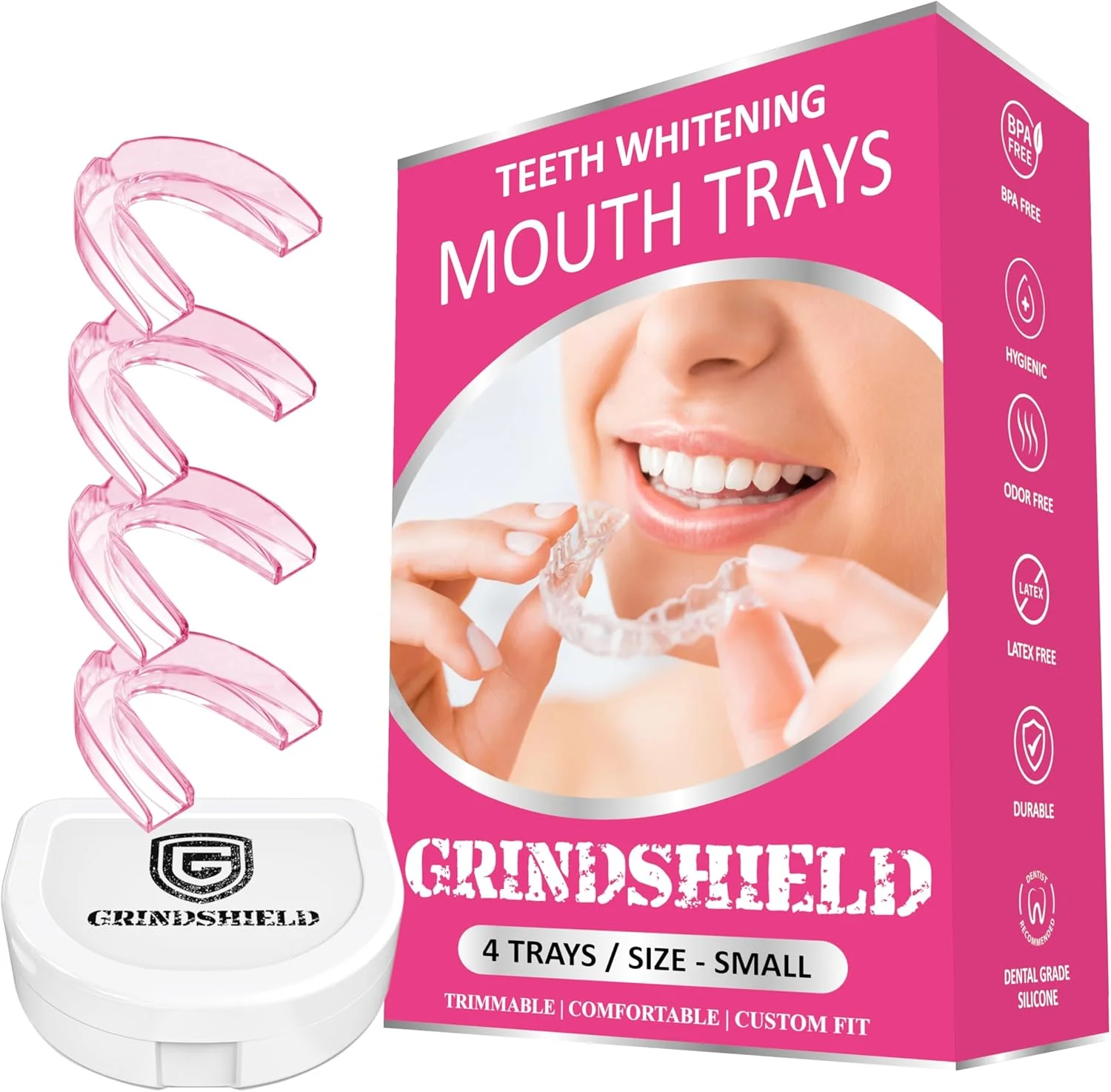 قالب های سفید کننده دندان برای بانوان - سایز کوچک، راحت، قالب گیری سفارشی، غیر حجیم، قابل شکل دهی - (4) قالب دهانی برای سفید کردن دندان و جعبه - نگهدارنده ژل برای پوشش کامل دندان، شفاف