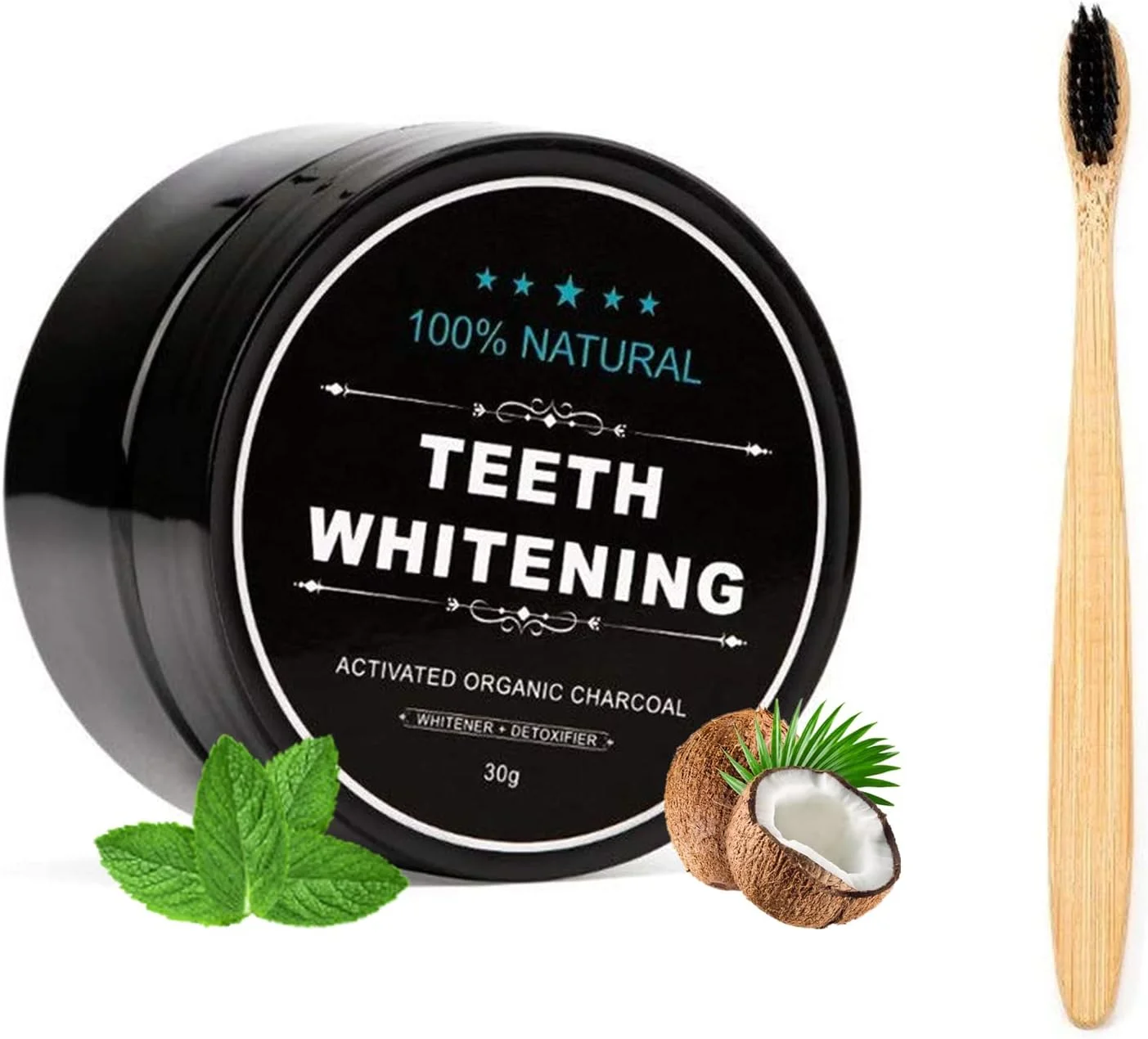 پودر زغال فعال سفید کننده دندان FOXTSPORT با برس بامبو (30 گرم)