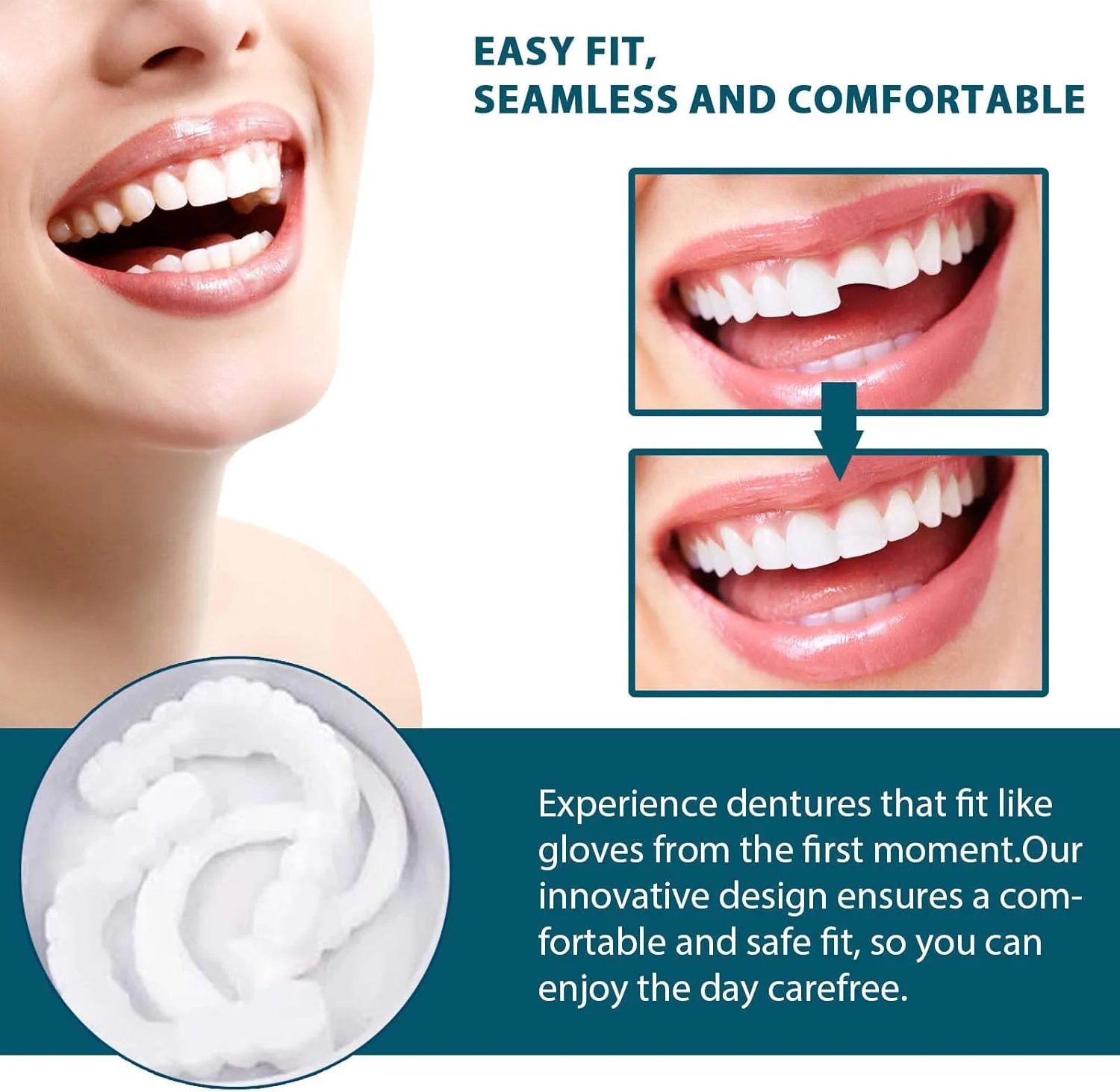 دندان مصنوعی فشاری قابل تنظیم، دندان مصنوعی فوری، پروتز روکش قابل تنظیم، دندان مصنوعی موقت، روکش دندان قابل تنظیم برای پوشاندن دندان ها