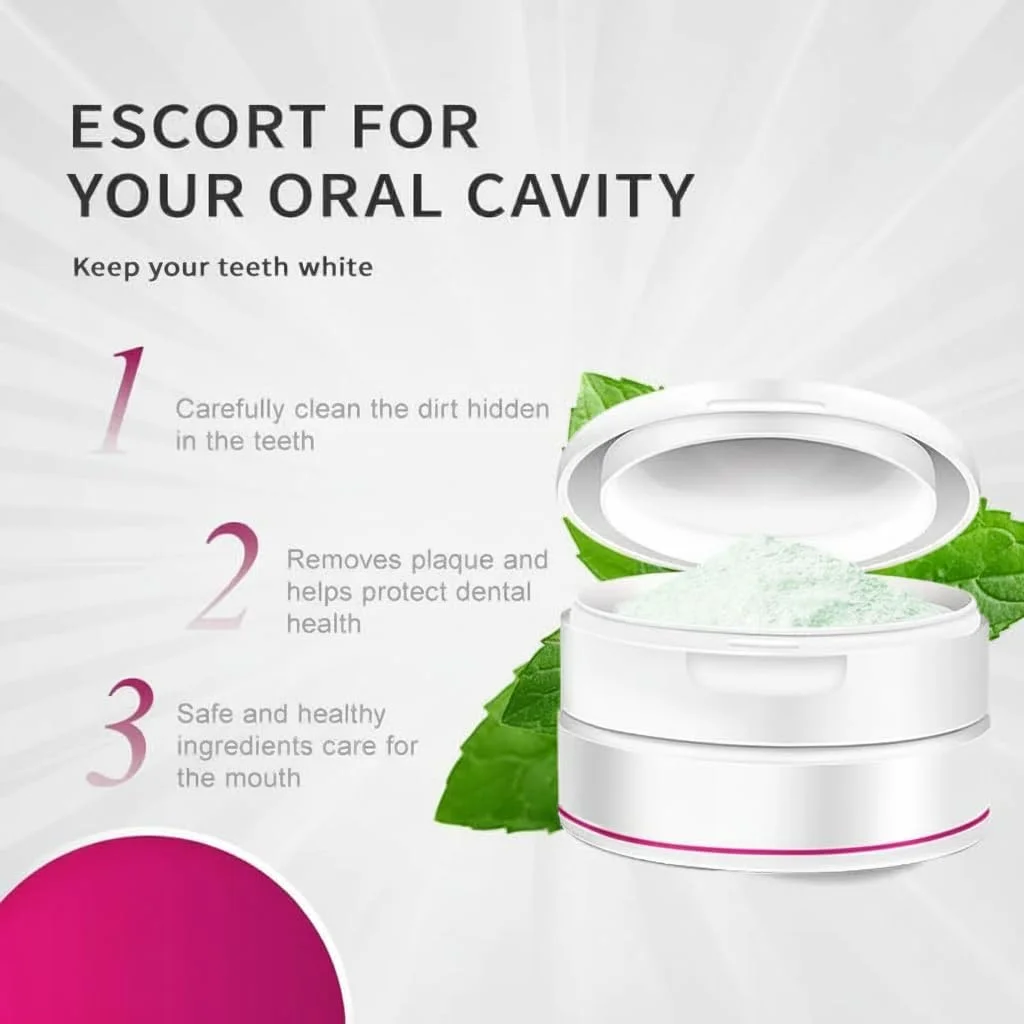 پودر دندان نعناع طبیعی، پودر دندان دهان تمیز، پودر تمیز کننده دندان، معدنی سازی مجدد مینای دندان، طعم نعناع طراوت بخش، دندان های قوی تر، سفید کننده طبیعی