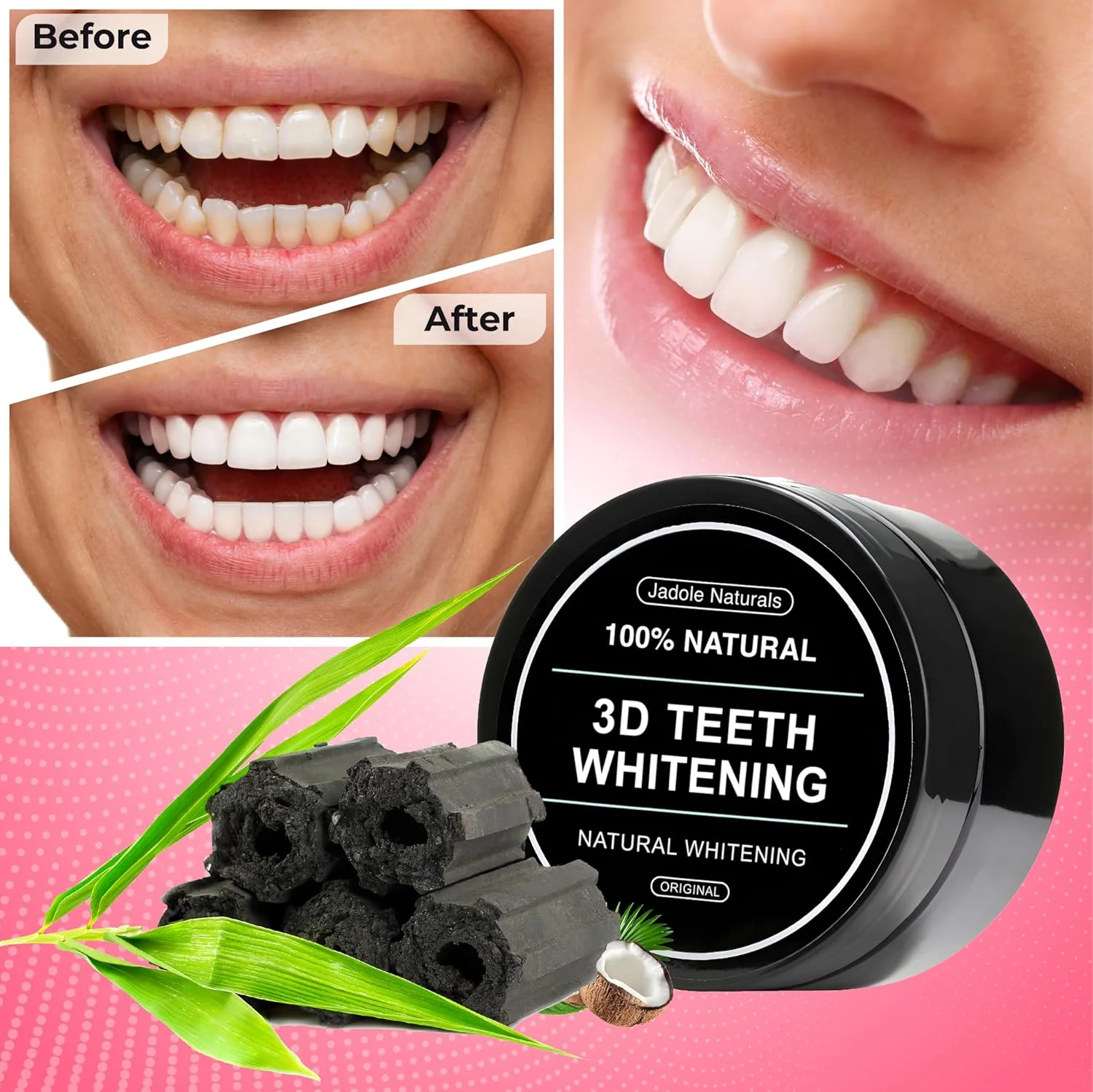 پودر سفید کننده دندان سه بعدی Jadole Naturals | بهبود سلامت دهان، تنفس تازه، پنهان کننده لکه، خنثی کننده زردی، تقویت کننده مینای دندان | 100% طبیعی و خالص