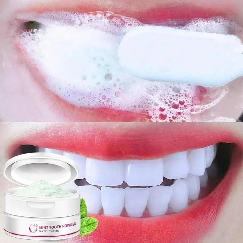 پودر دندان نعناع طبیعی، پودر دندان دهان تمیز، پودر تمیز کننده دندان، معدنی سازی مجدد مینای دندان، طعم نعناع طراوت بخش، دندان های قوی تر، سفید کننده طبیعی