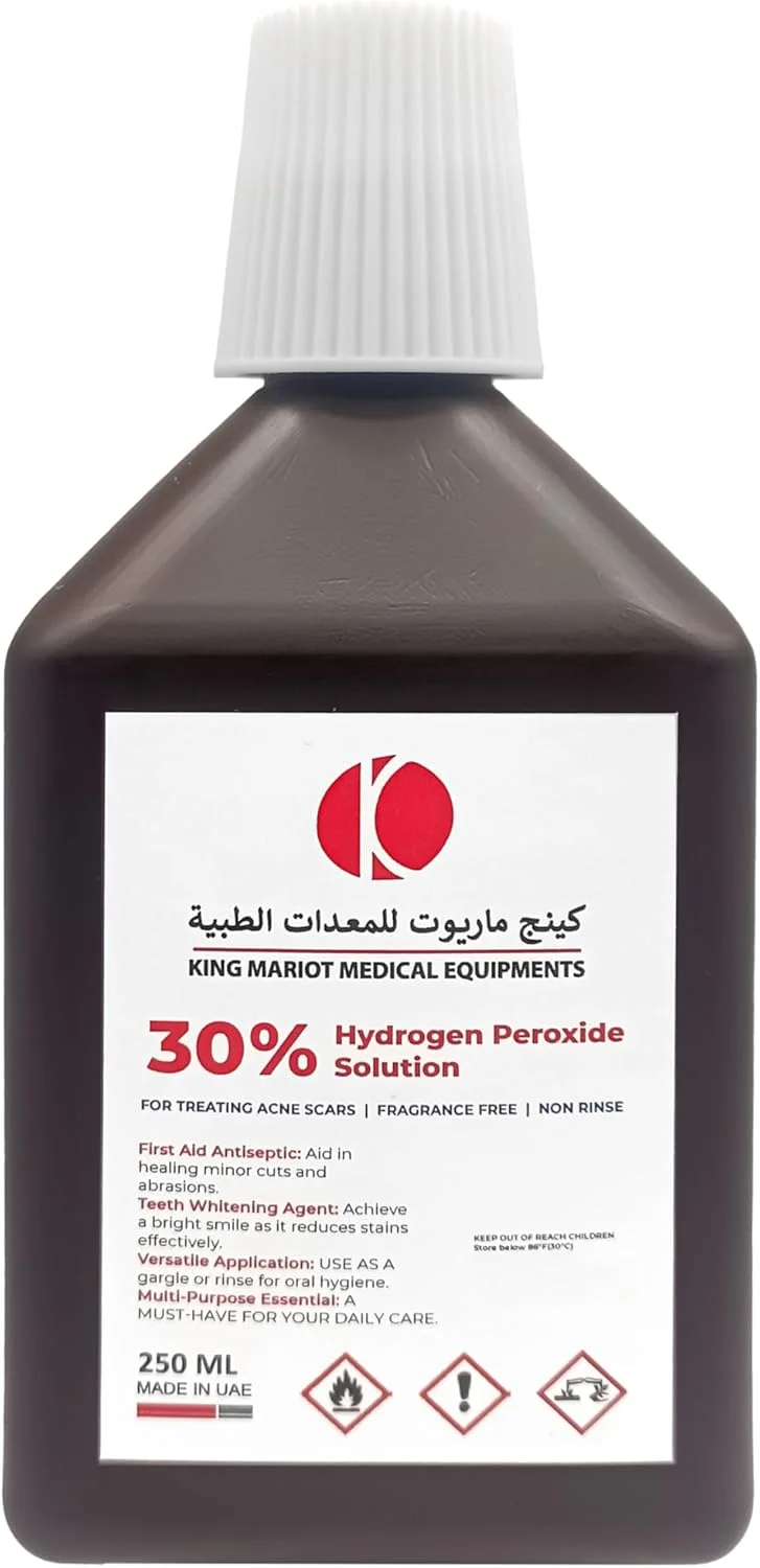 تجهیزات پزشکی کینگ ماریوت | محلول 30% هیدروژن پراکسید | جرم گیری دندان و سفید کردن دندان | درمان جای زخم آکنه | ضد عفونی کننده ملایم برای بریدگی ها و زخم های پوستی (30% (250 میلی لیتر)) تجهیزات پزشکی کینگ ماریوت | محلول 30% هیدروژن پراکسید | جرم گیری دندان و سفید کردن دندان | درمان جای زخم آکنه | ضد عفونی کننده ملایم برای بریدگی ها و زخم های پوستی (30% (250 میلی لیتر))