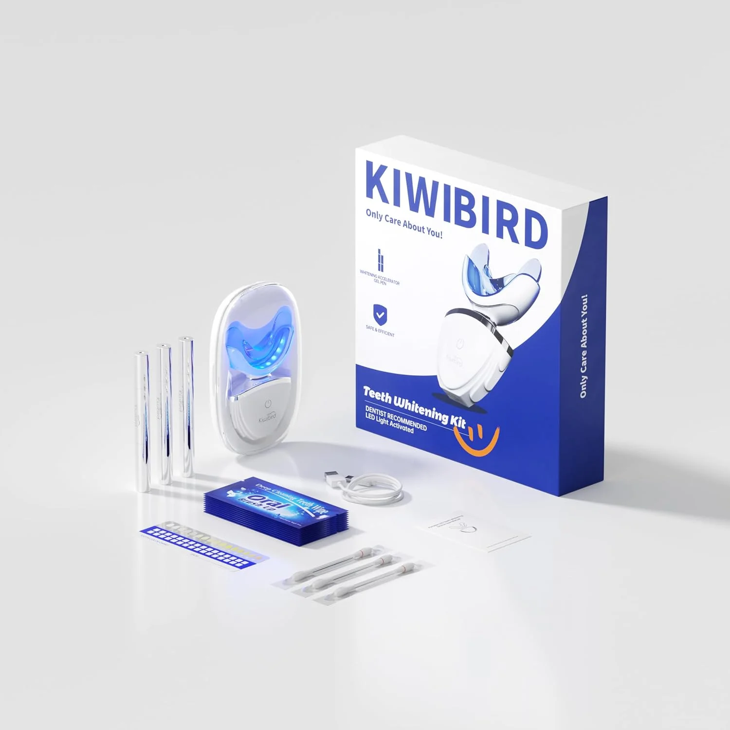 کیت سفید کننده دندان KIWIBIRD برای دندان های حساس - 3 قلم ژل، چراغ LED با جعبه شارژ بی سیم، ضد آب IPX7، ابزار مراقبت از دندان در خانه ایمن برای مینای دندان