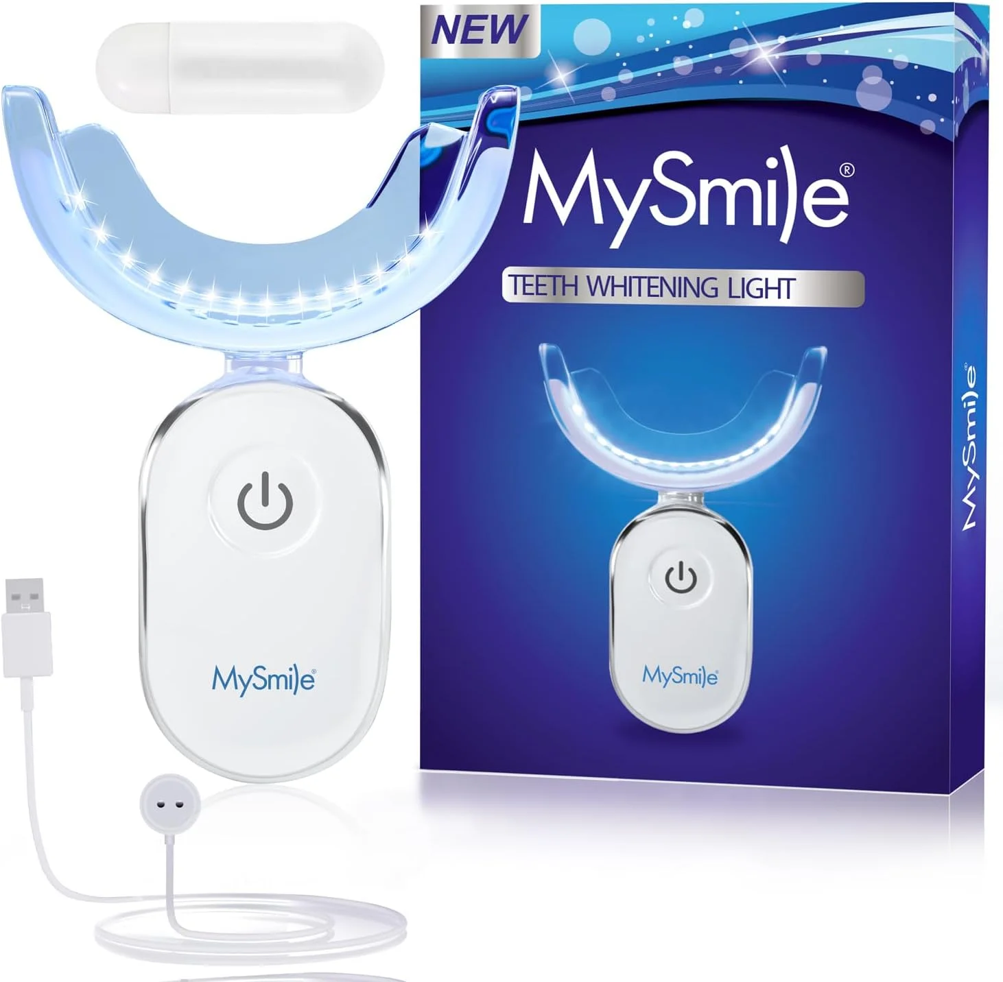 دستگاه نورانی تسریع کننده سفید کننده دندان MySmile، دارای 28 LED آبی، هر بار 10 دقیقه، شارژر USB، سینی دهانی، 1 عدد چراغ LED و 4 میلی لیتر ژل دستگاه نورانی تسریع کننده سفید کننده دندان MySmile، دارای 28 LED آبی، هر بار 10 دقیقه، شارژر USB، سینی دهانی، 1 عدد چراغ LED و 4 میلی لیتر ژل
