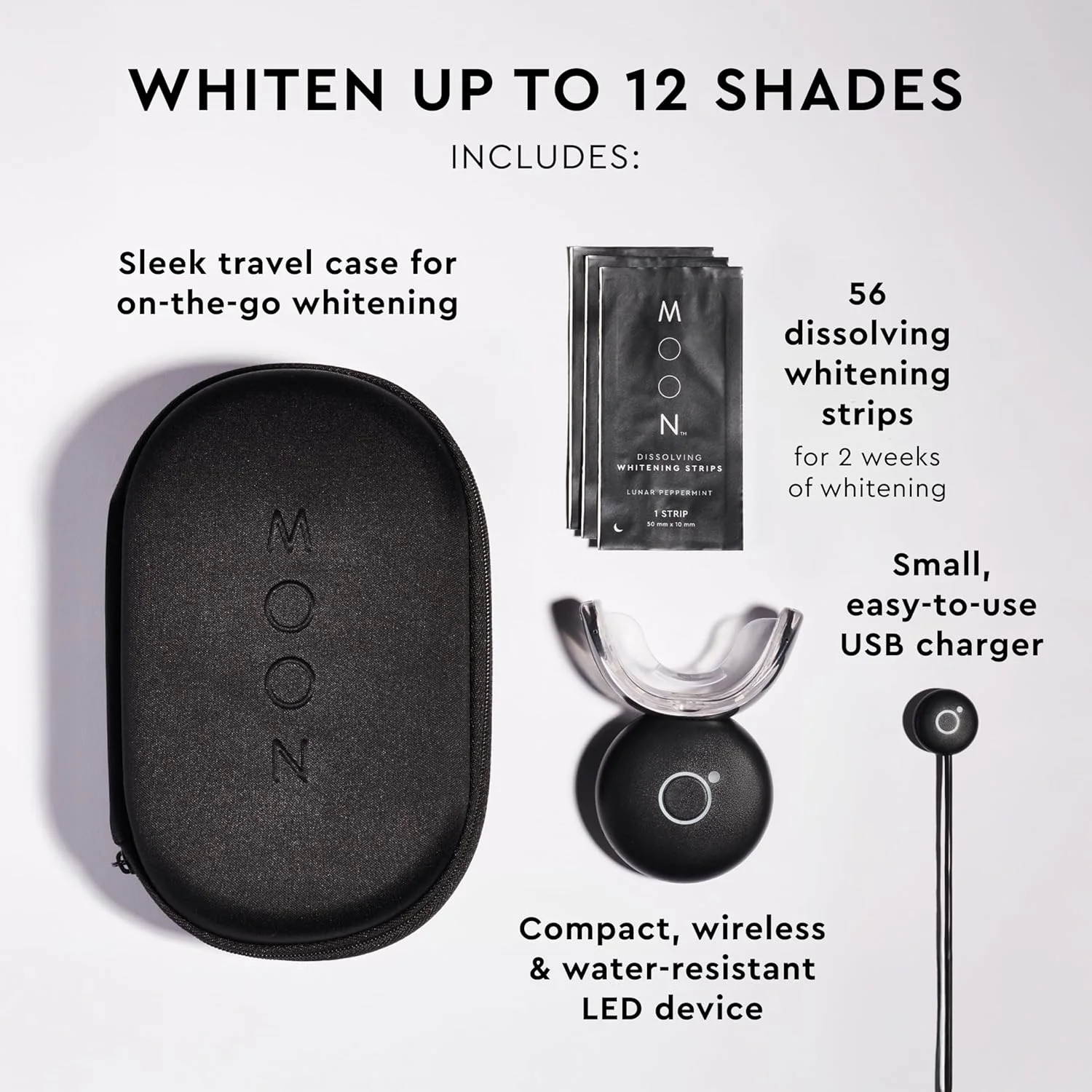 کیت سفید کننده دندان MOON، دستگاه سفید کننده دندان با نور LED، 56 نوار سفید کننده، شارژر USB و کیف مسافرتی، سینی سفید کننده با نور آبی لکه ها را از بین می برد و تا 12 درجه در 2 هفته سفید می کند (کیت 4 تکه)