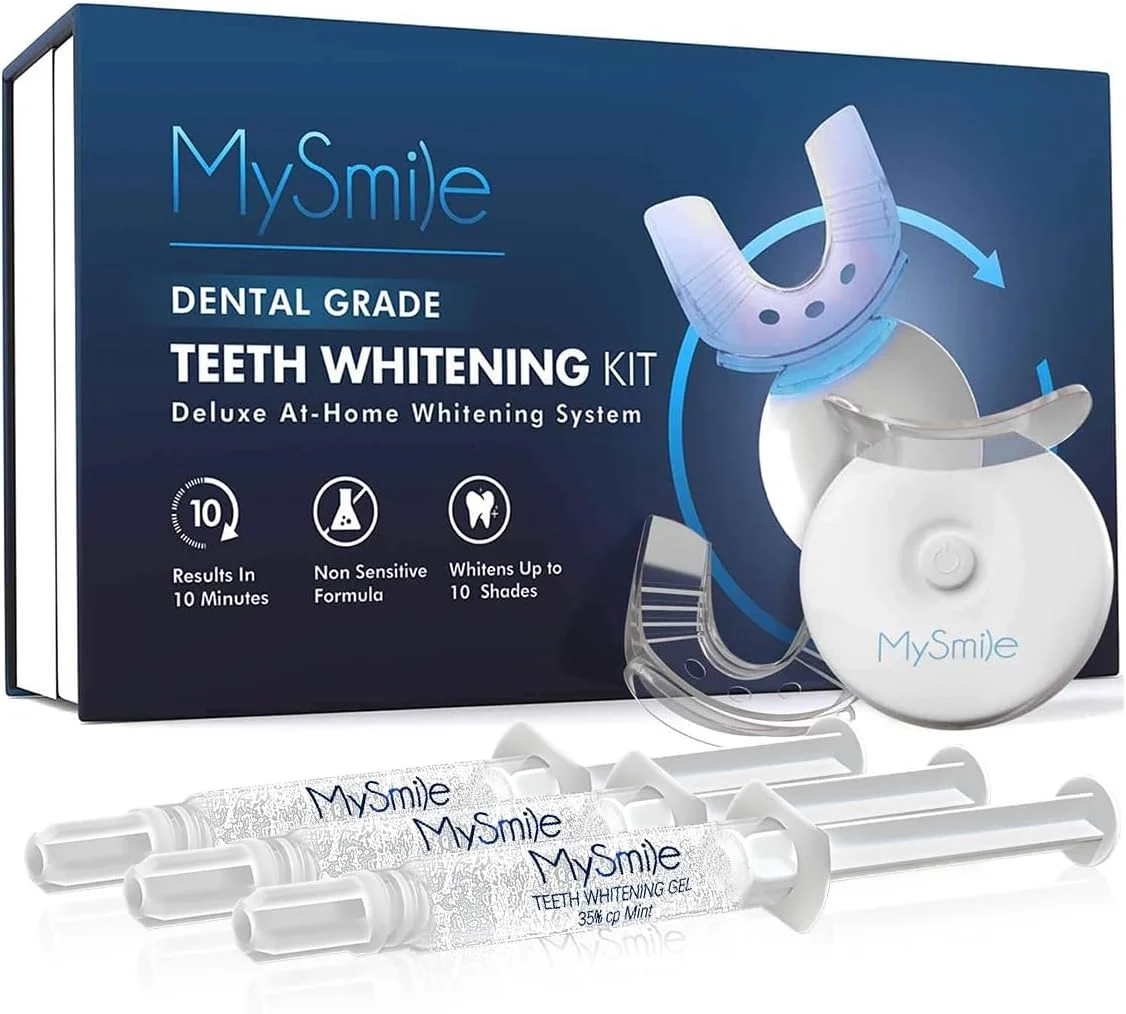 کیت سفید کننده دندان MySmile با نور LED، سفید کننده سریع 10 دقیقه ای دندان با 3 عدد ژل سفید کننده 35% کاربامید پراکسید، کمک به از بین بردن لکه های ناشی از قهوه، سیگار کشیدن، نوشیدنی ها، نوشابه و غذا