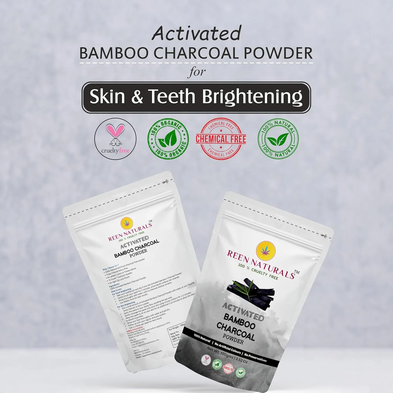 پودر زغال فعال بامبو REEN NATURALS مناسب برای پوست و دندان | از بین بردن پوست مرده، سم زدایی پوست و سفید کردن دندان | پودر زغال بامبو | بسته 100 گرمی
