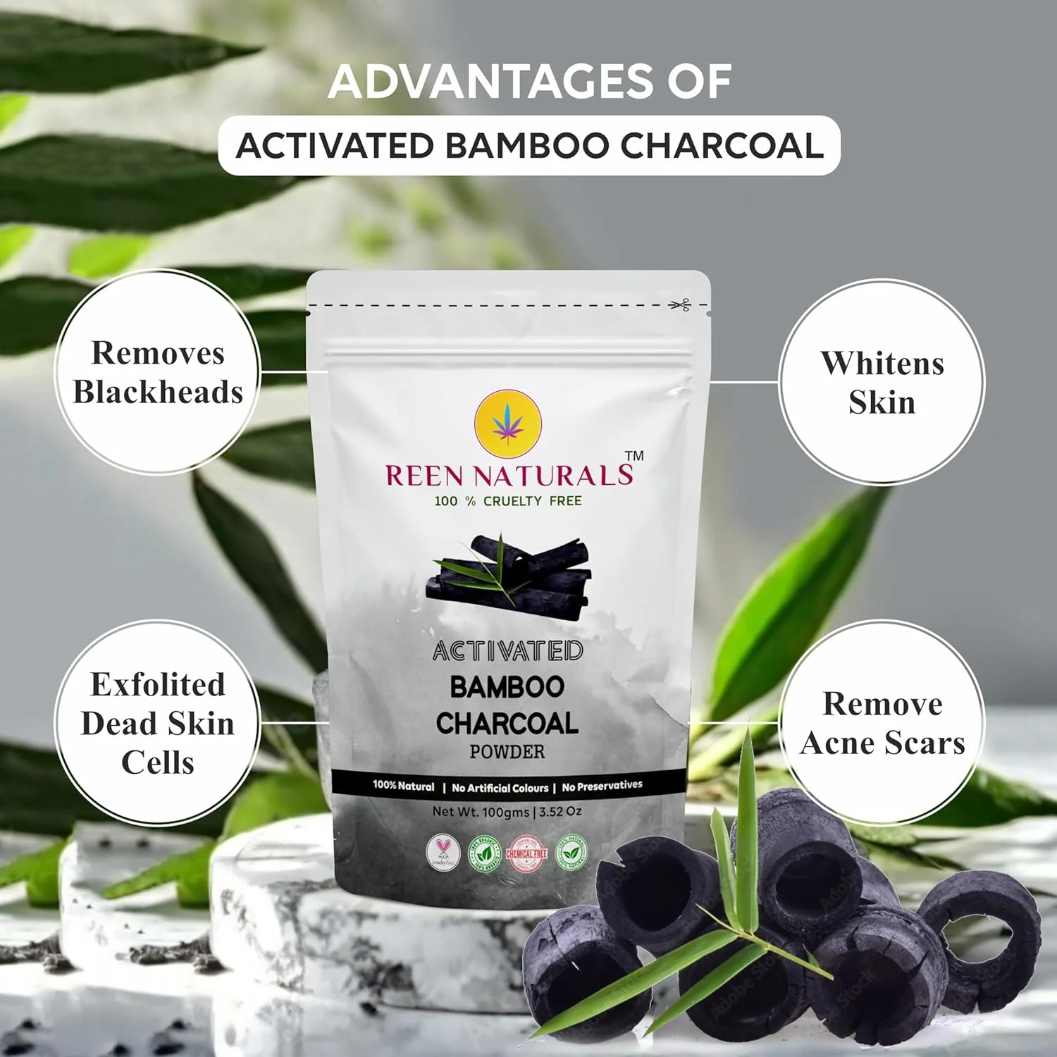 پودر زغال فعال بامبو REEN NATURALS مناسب برای پوست و دندان | از بین بردن پوست مرده، سم زدایی پوست و سفید کردن دندان | پودر زغال بامبو | بسته 100 گرمی