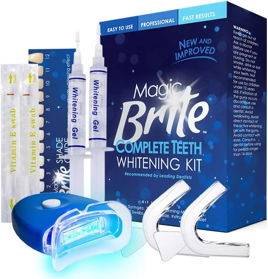 کیت کامل سفید کننده دندان MagicBrite Pearl Enterprises - نور LED، 35% کاربامید پراکسید، 2 قالب دهانی، (3) سرنگ ژل 3 میلی لیتری، موثر و بدون درد