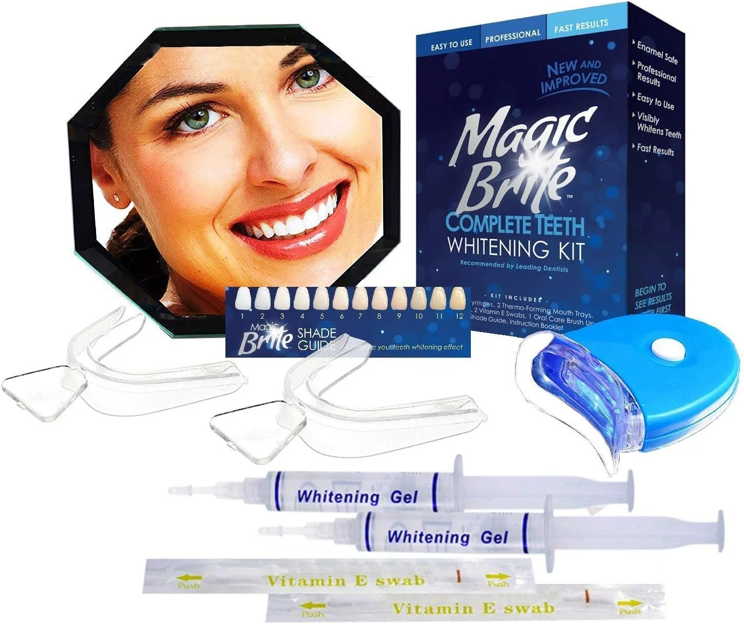 کیت کامل سفید کننده دندان MagicBrite Pearl Enterprises - نور LED، 35% کاربامید پراکسید، 2 قالب دهانی، (3) سرنگ ژل 3 میلی لیتری، موثر و بدون درد