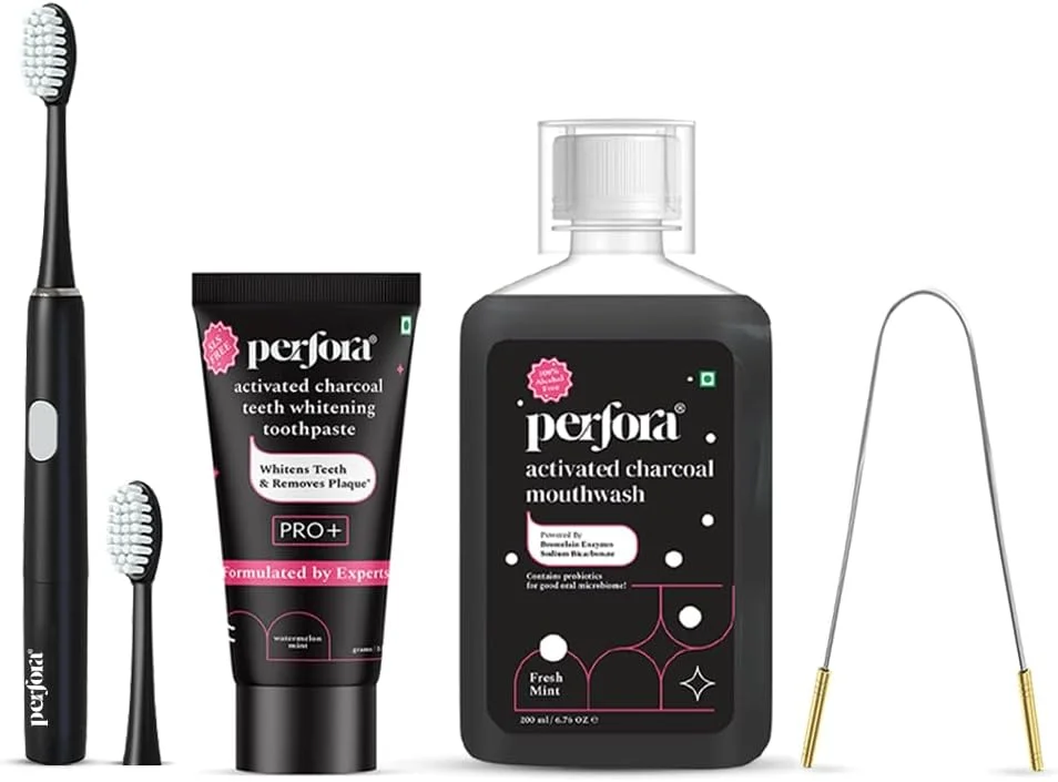 مجموعه مراقبت دهان و دندان زغالی پرفورا - بسته 4 عددی | مسواک برقی، تمیز کننده زبان، دهانشویه و خمیر دندان زغال فعال | برس های فوق العاده نرم | خمیر دندان بدون SLS برای بزرگسالان | بدون الکل