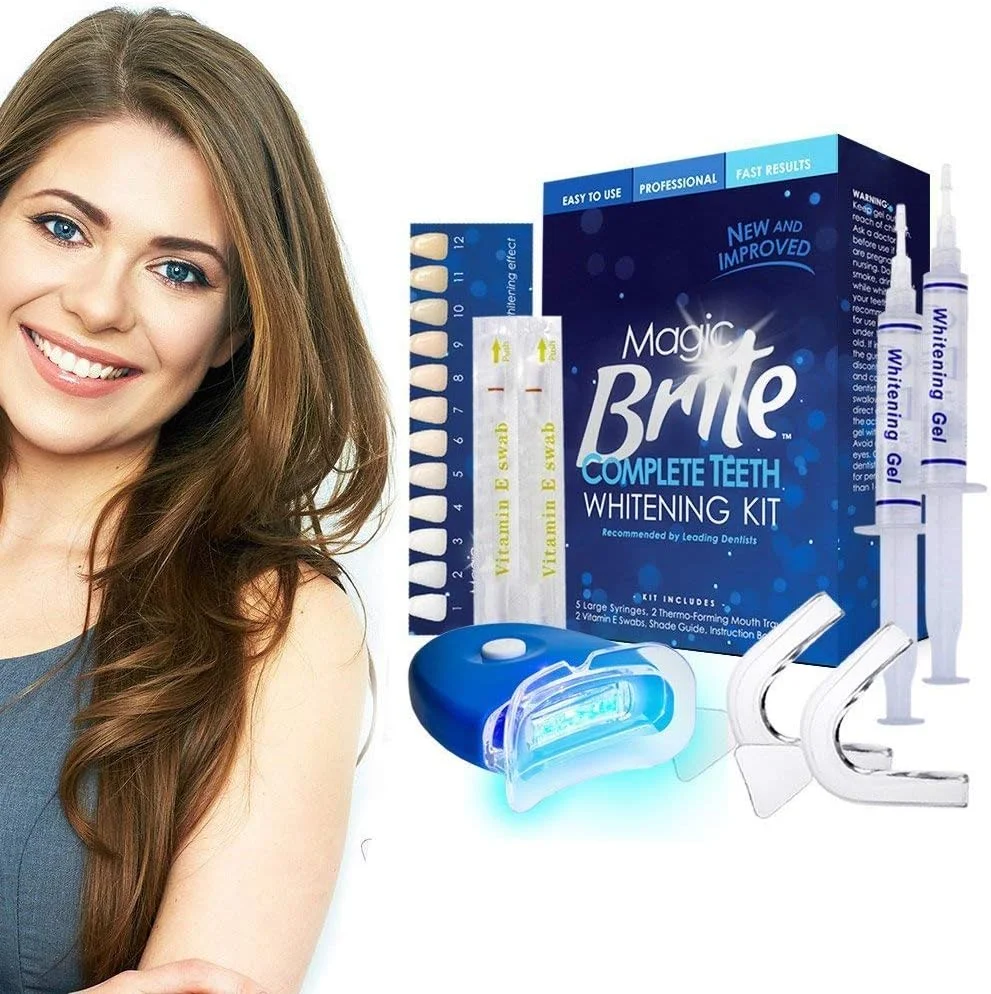 کیت کامل سفید کننده دندان MagicBrite Pearl Enterprises - نور LED، 35% کاربامید پراکسید، 2 قالب دهانی، (3) سرنگ ژل 3 میلی لیتری، موثر و بدون درد