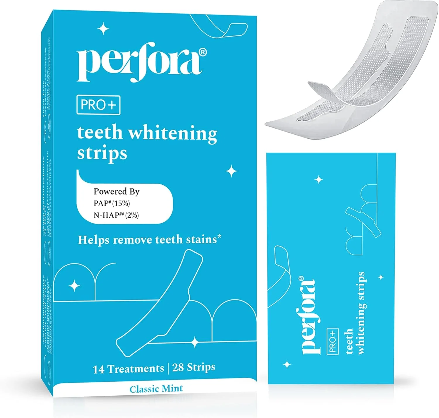 نوارهای سفید کننده دندان پرفورا - بسته 14 عددی (28 نوار) – سفید کننده دندان در 1 بار استفاده | مراقبت از دهان بدون حساسیت و ایمن برای مینای دندان | PAP و هیدروکسی آپاتیت برای از بین بردن لکه | دندان های سریع و موثر