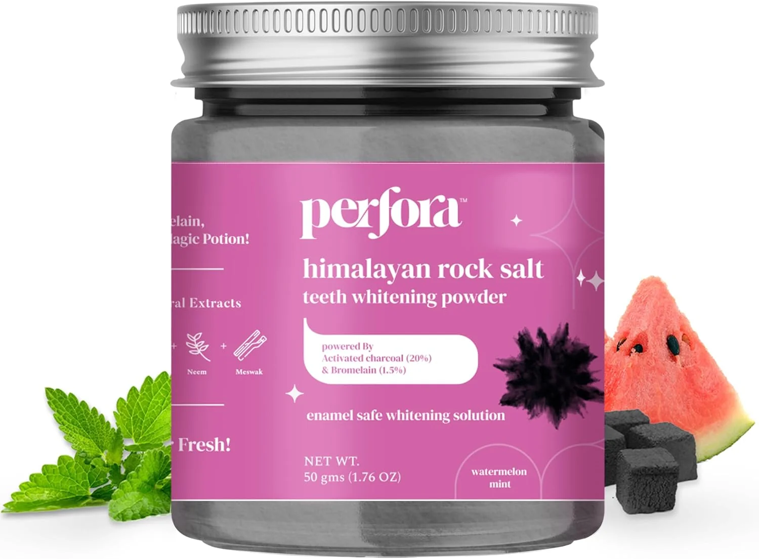 پودر سفید کننده دندان زغالی پرفورا | محلول ایمن و موثر برای سفید کردن دندان | فرمول زغالی برای سفید کنندگی قوی | مناسب برای انواع دندان | طعم نعناع هندوانه