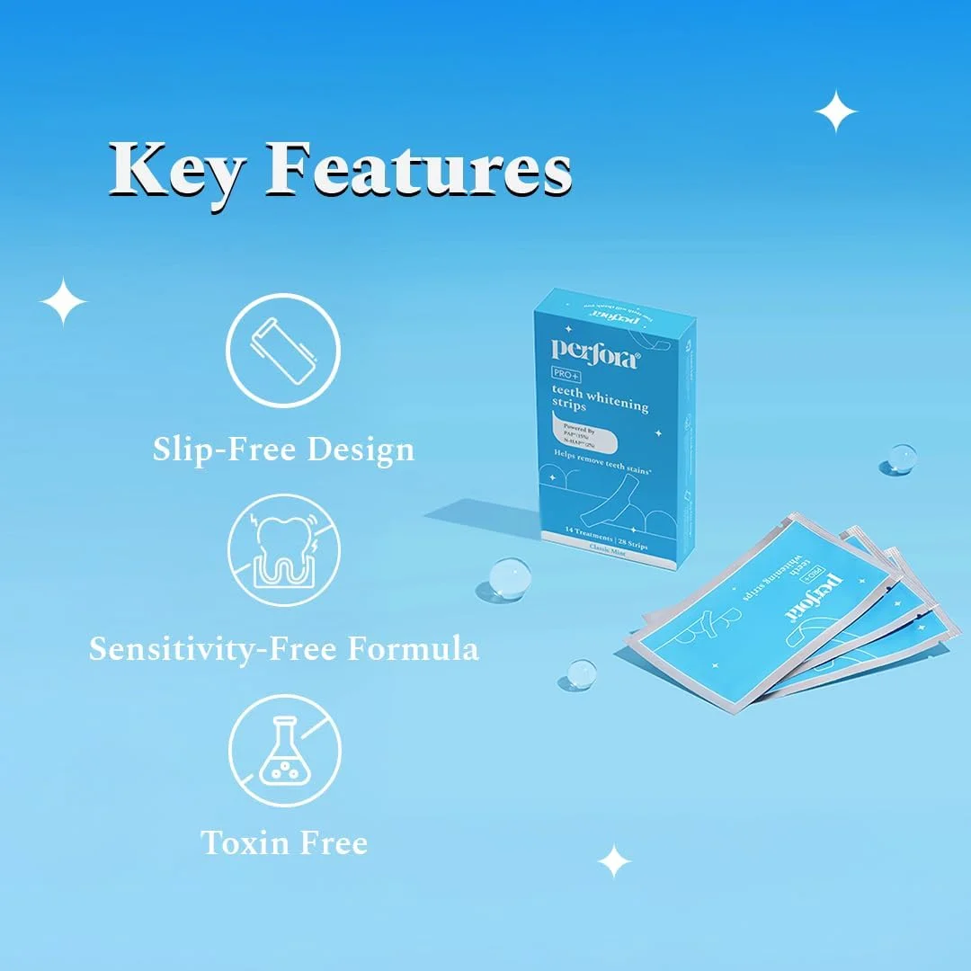 نوارهای سفید کننده دندان پرفورا - بسته 14 عددی (28 نوار) – سفید کننده دندان در 1 بار استفاده | مراقبت از دهان بدون حساسیت و ایمن برای مینای دندان | PAP و هیدروکسی آپاتیت برای از بین بردن لکه | دندان های سریع و موثر