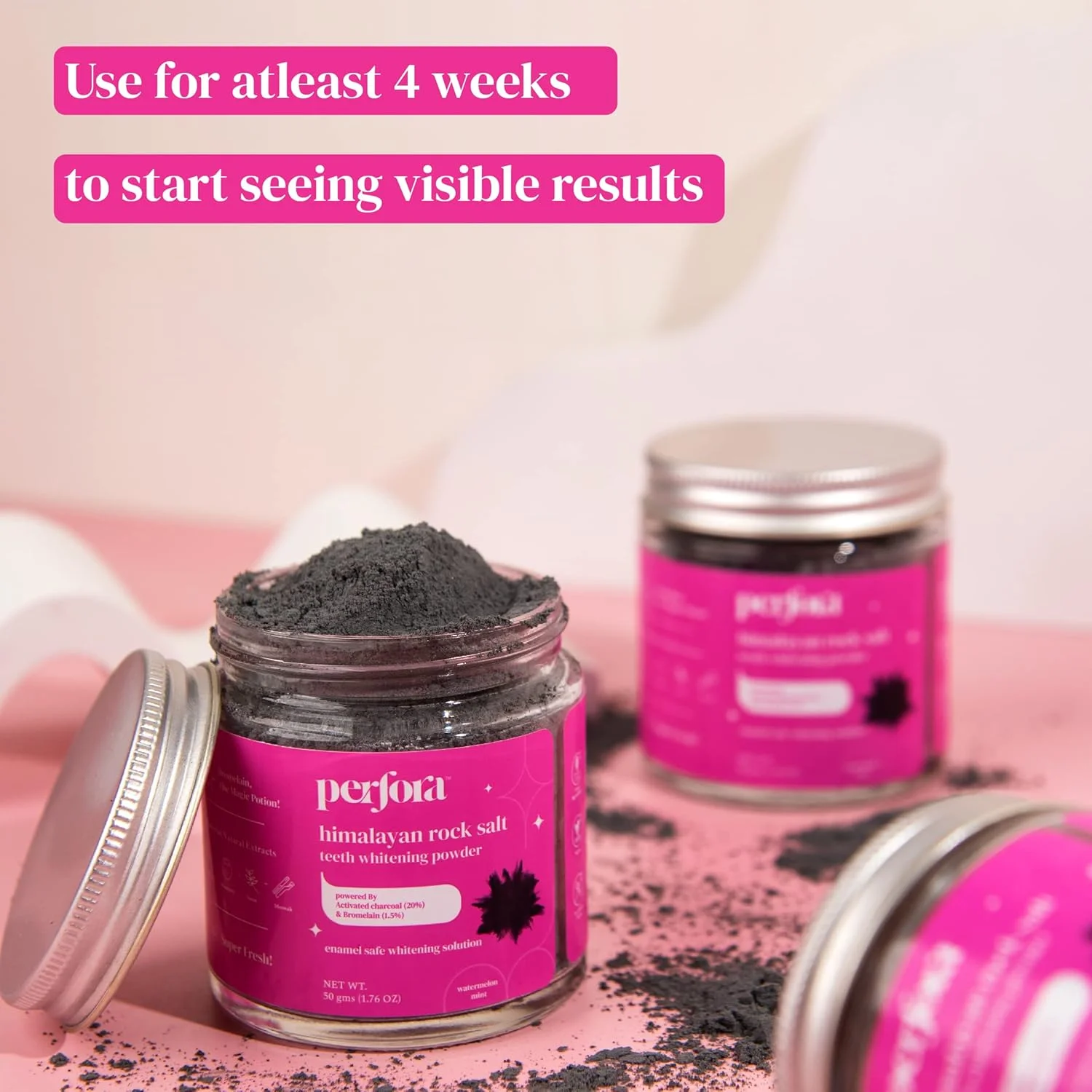 پودر سفید کننده دندان زغالی پرفورا | محلول ایمن و موثر برای سفید کردن دندان | فرمول زغالی برای سفید کنندگی قوی | مناسب برای انواع دندان | طعم نعناع هندوانه