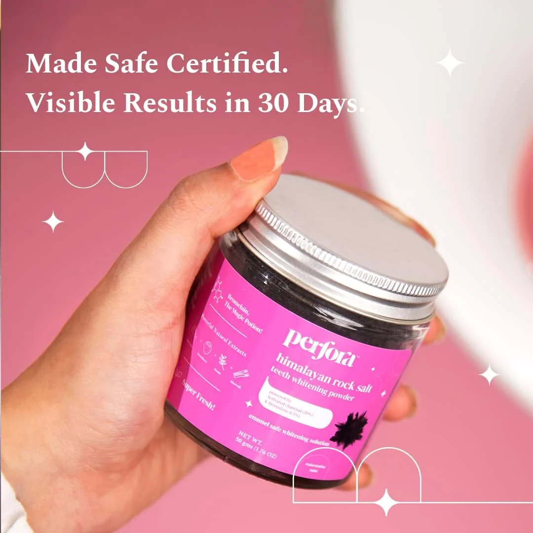 پودر سفید کننده دندان زغالی پرفورا | محلول ایمن و موثر برای سفید کردن دندان | فرمول زغالی برای سفید کنندگی قوی | مناسب برای انواع دندان | طعم نعناع هندوانه