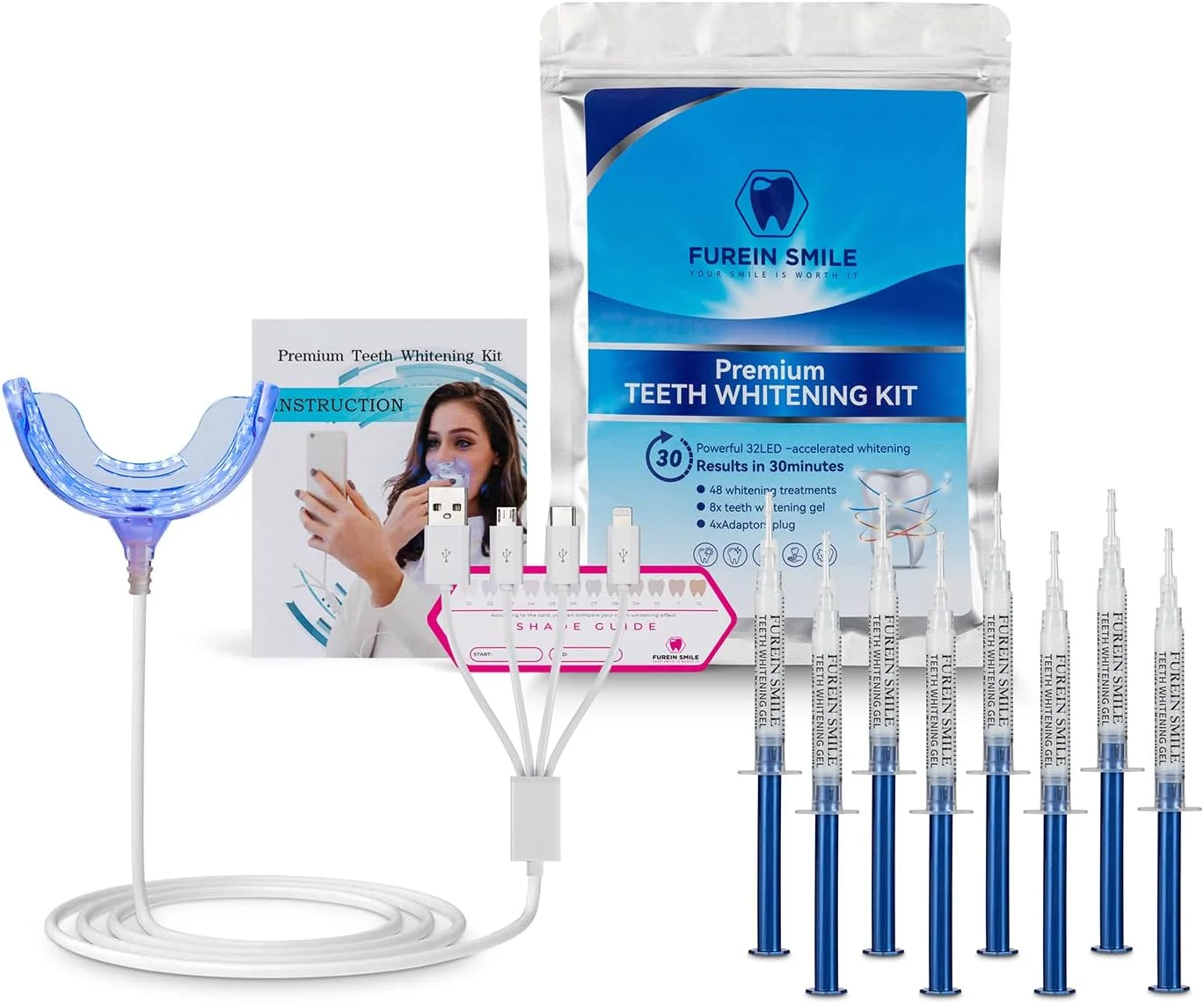 کیت حرفه ای سفید کننده دندان خانگی 32 LED، ژل سفید کننده دندان بدون پراکسید 8 عددی، از بین برنده لکه های دندان | دندان های سفیدتر فقط در 30 دقیقه | بدون درد و غیر حساس