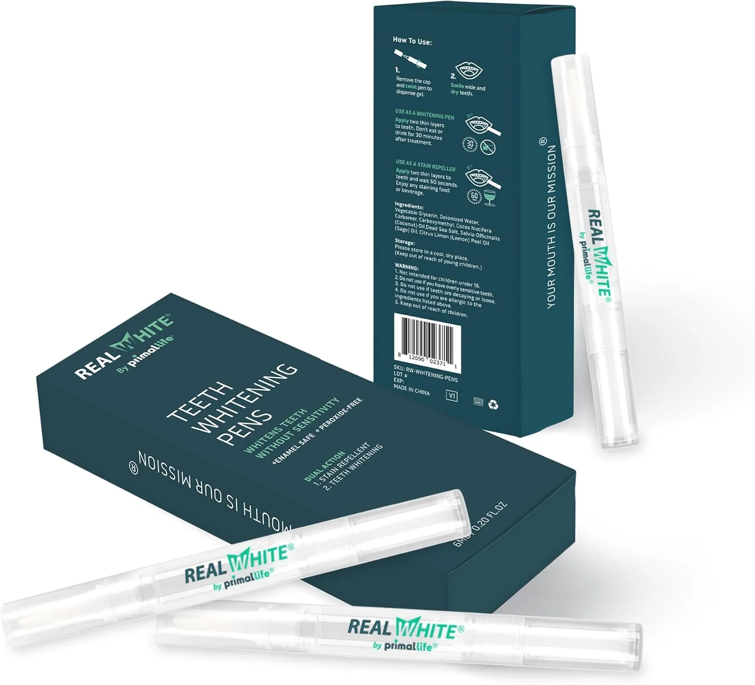 قلم سفید کننده دندان Real White از Primal Life Organics، کاملا طبیعی، بدون پراکسید، بدون ایجاد حساسیت، بسته 3 عددی