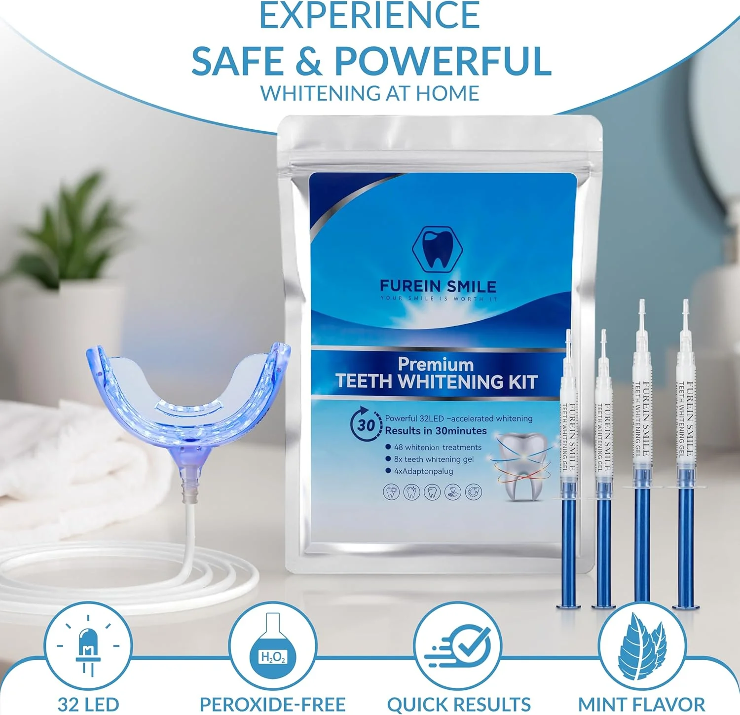 کیت حرفه ای سفید کننده دندان خانگی 32 LED، ژل سفید کننده دندان بدون پراکسید 8 عددی، از بین برنده لکه های دندان | دندان های سفیدتر فقط در 30 دقیقه | بدون درد و غیر حساس